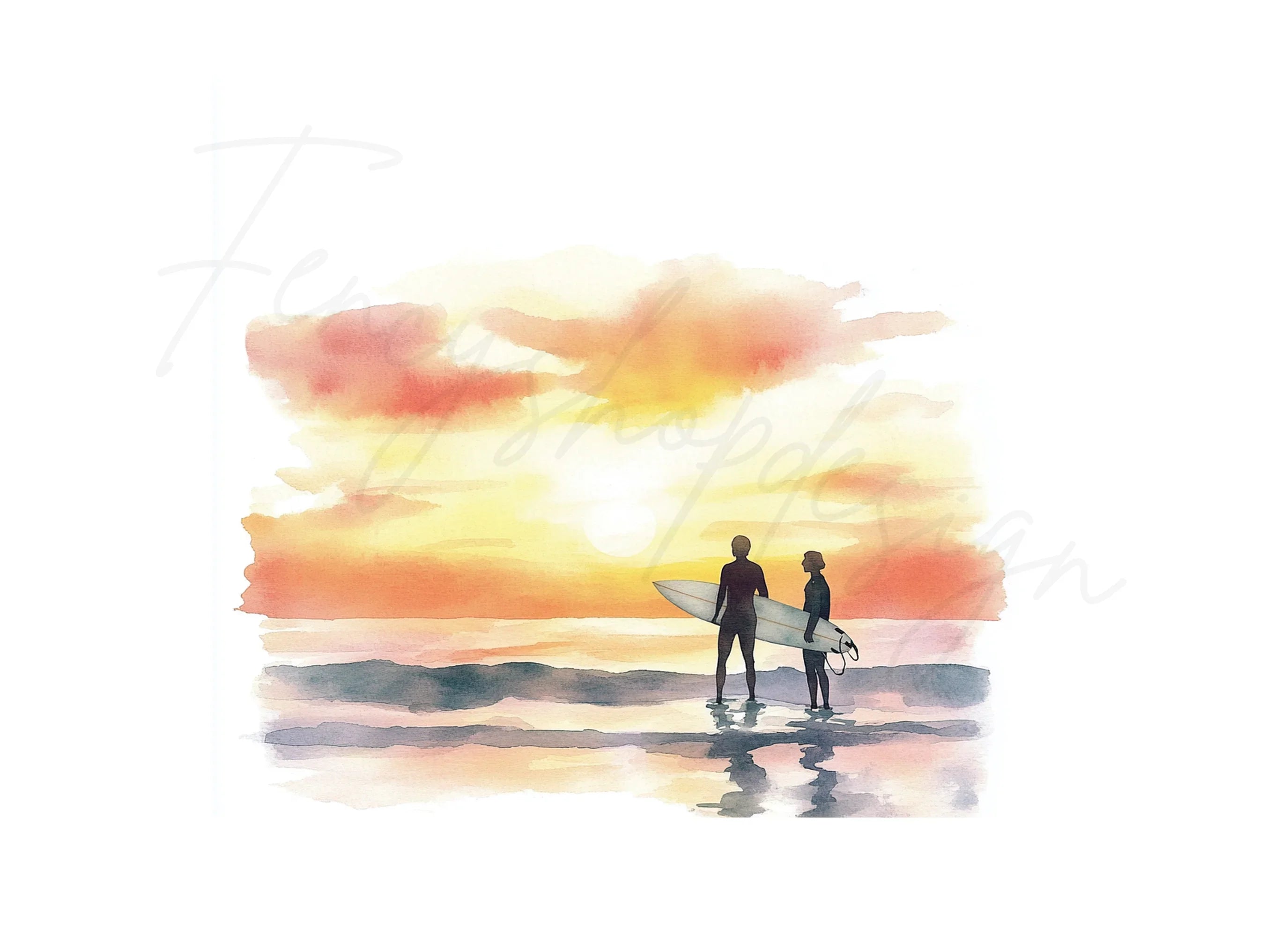 Couple Surfers Sunset Beach Clipart Bundle