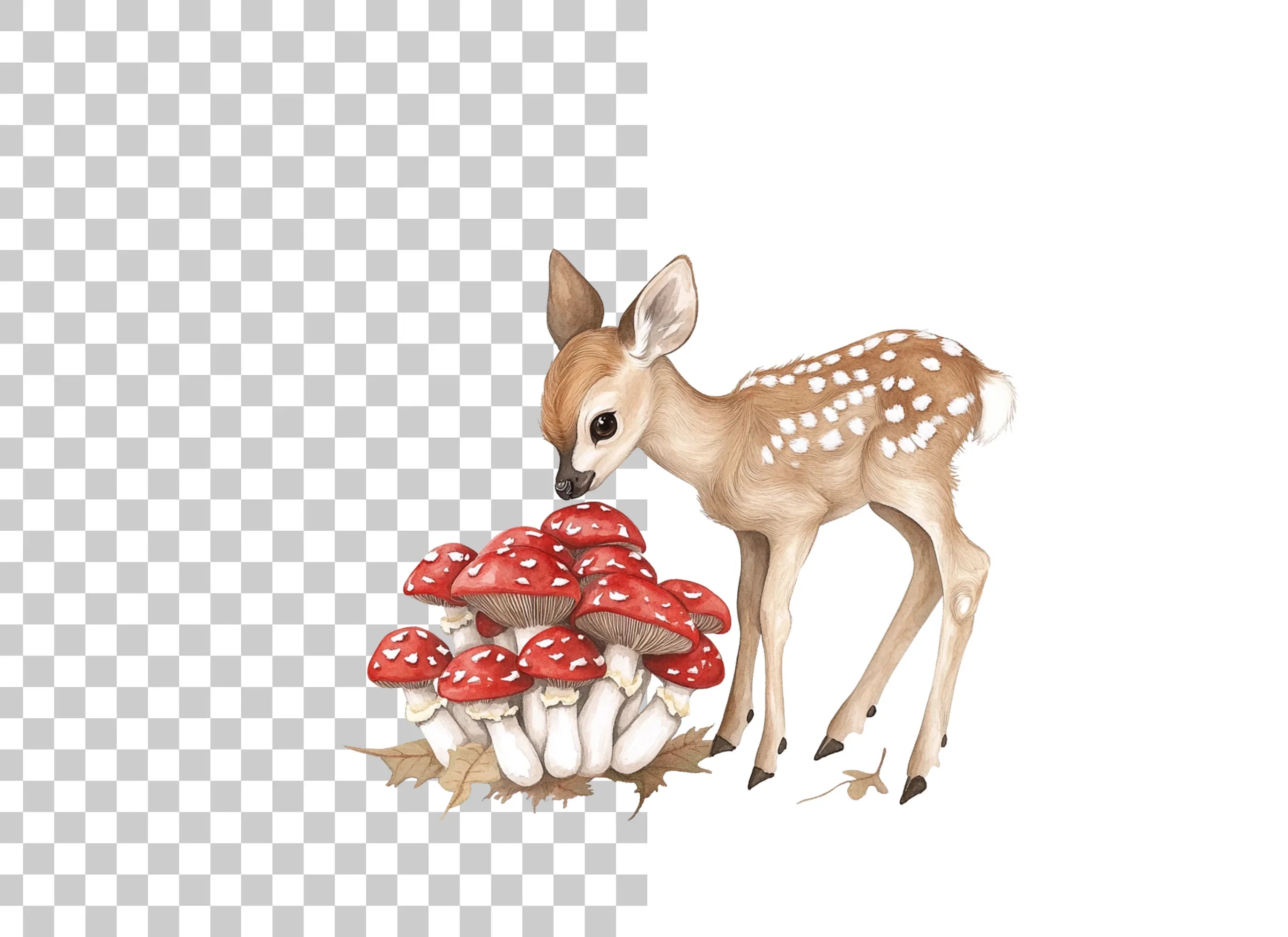 Baby Deer and Red Mushrooms Clipart Bundle