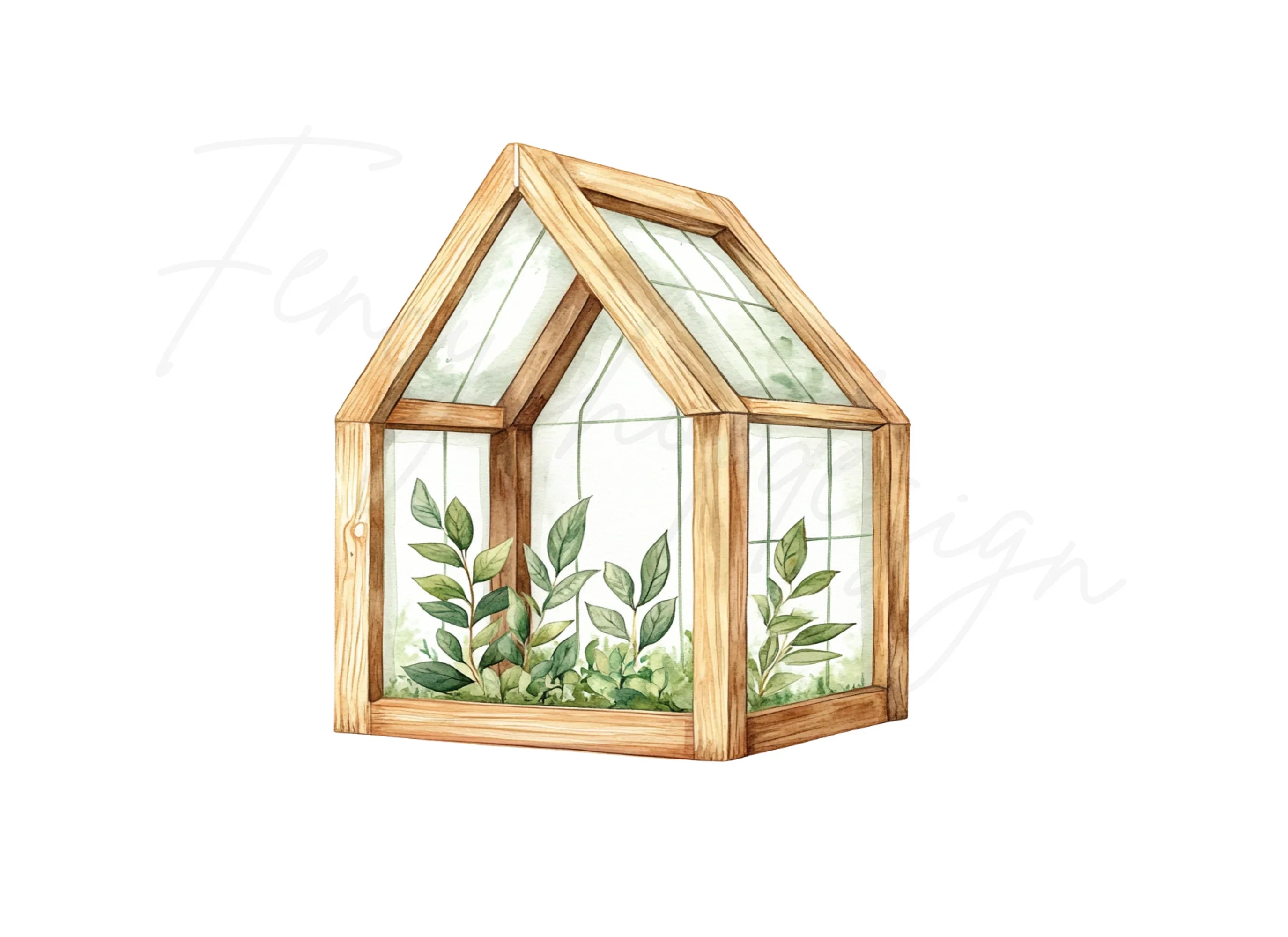 Wooden Greenhouse with Plants Clipart Bundle