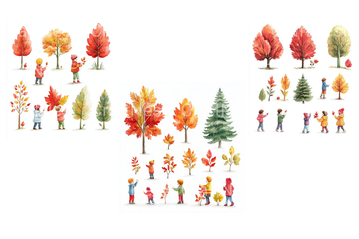 Kids And Autumn Trees Clipart Bundle