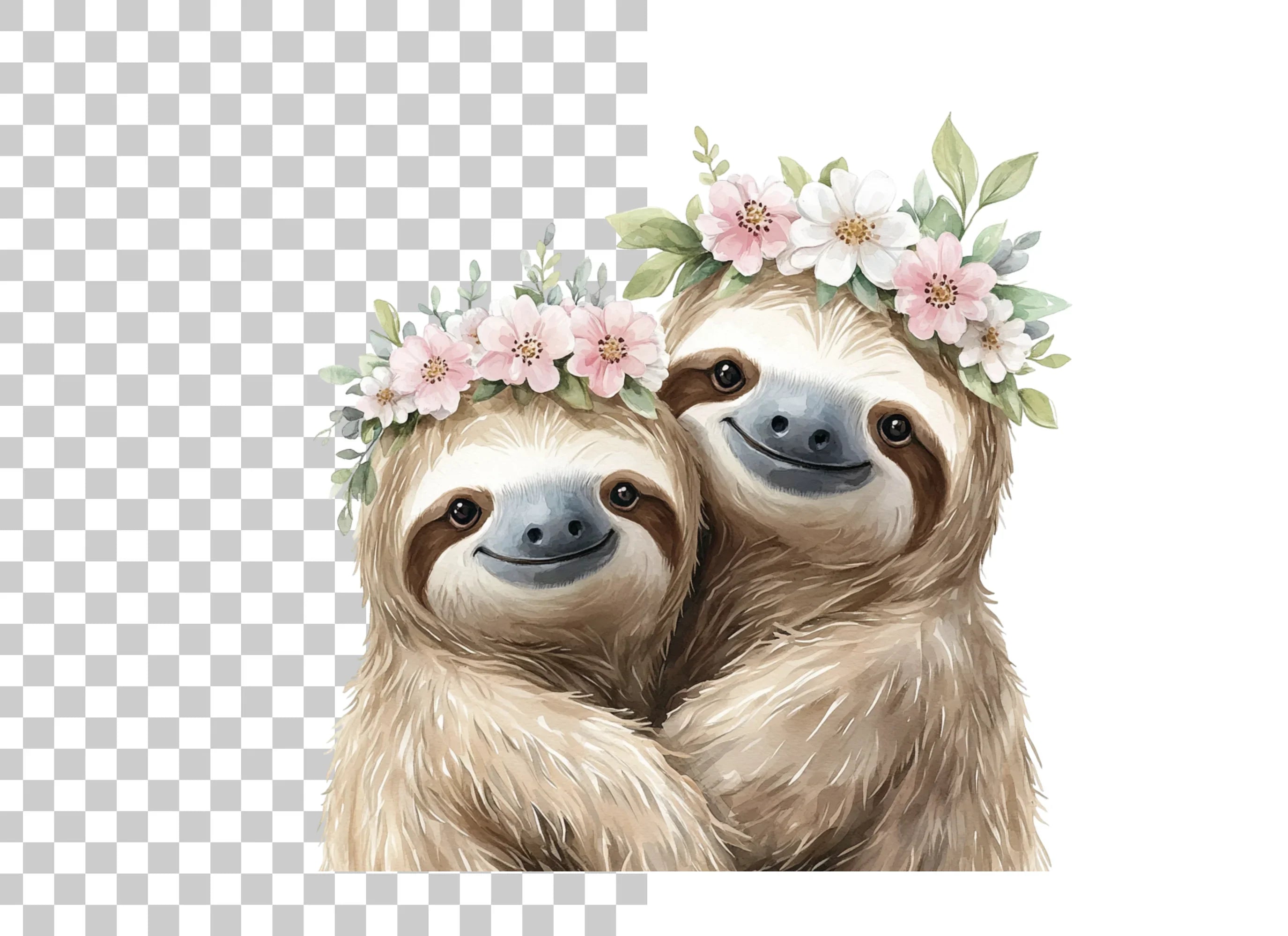 Cute Sloth Couples with Flower Crowns Clipart Bundle