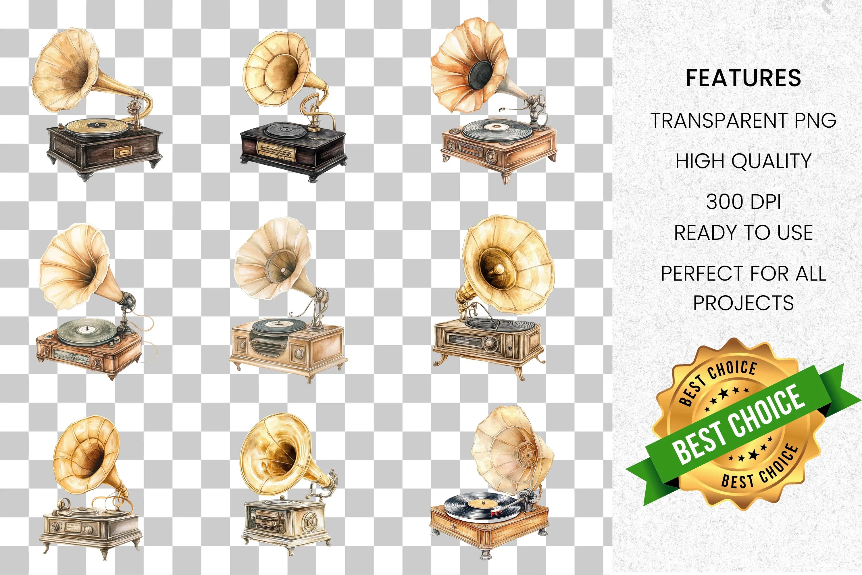 Vintage Gramophone Clipart Bundle