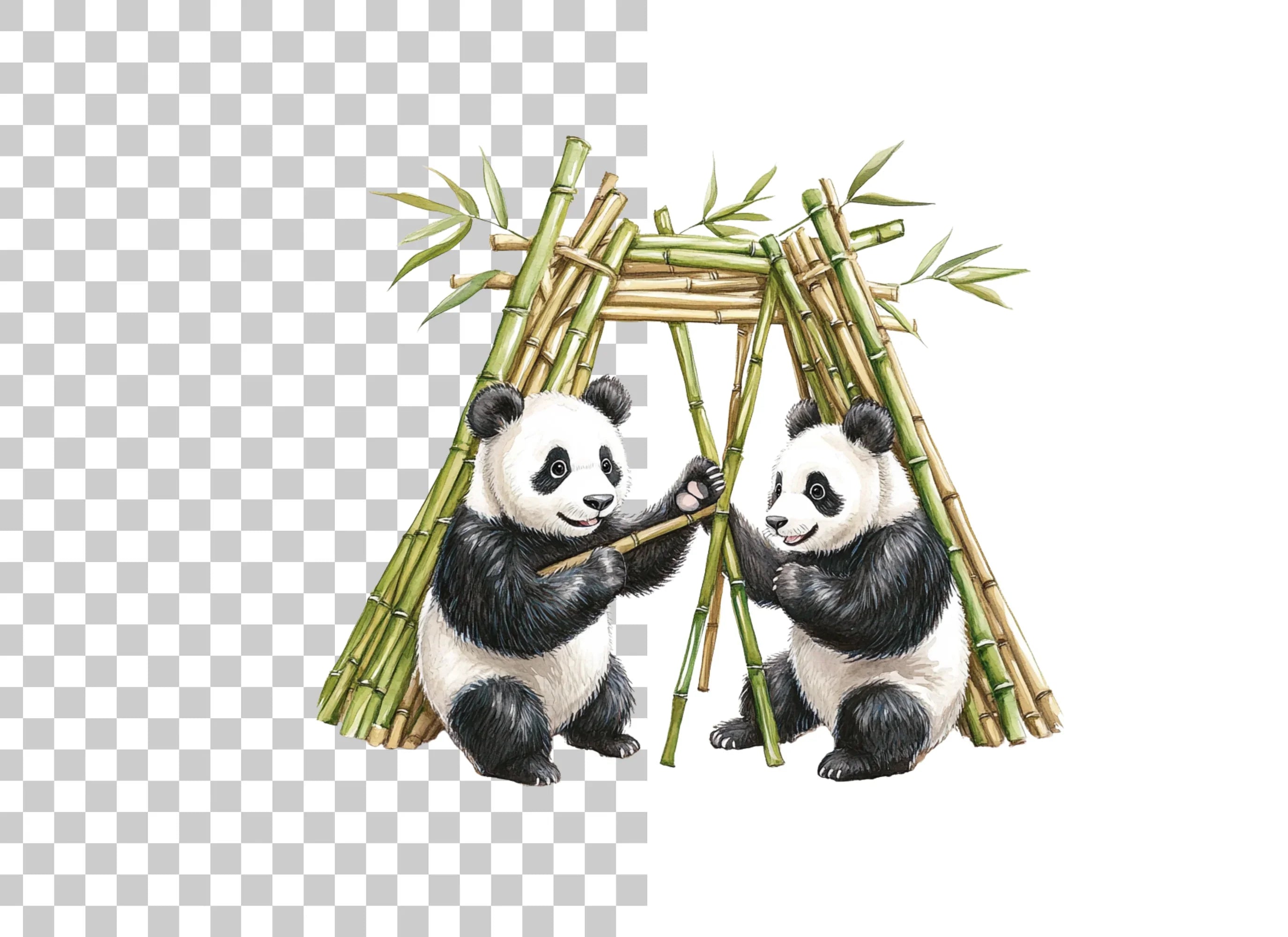 Playful Pandas with Bamboo Hut Clipart Bundle