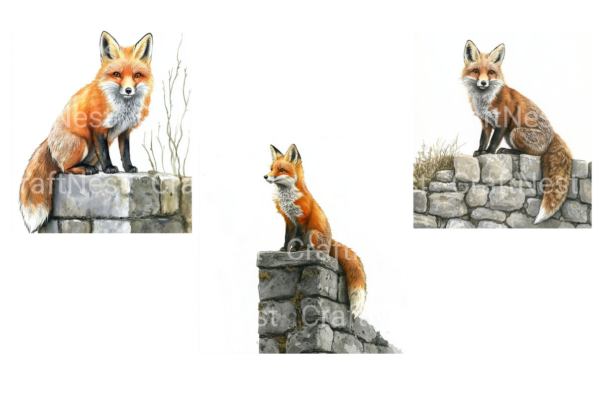 Red Fox On Stone Wall Clipart Bundle