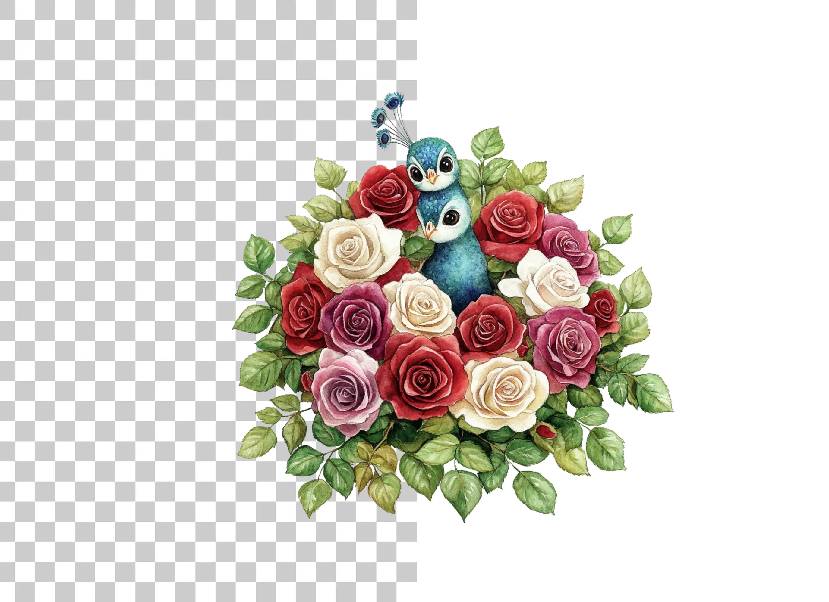 Peacock and Rose Bouquet Clipart Bundle