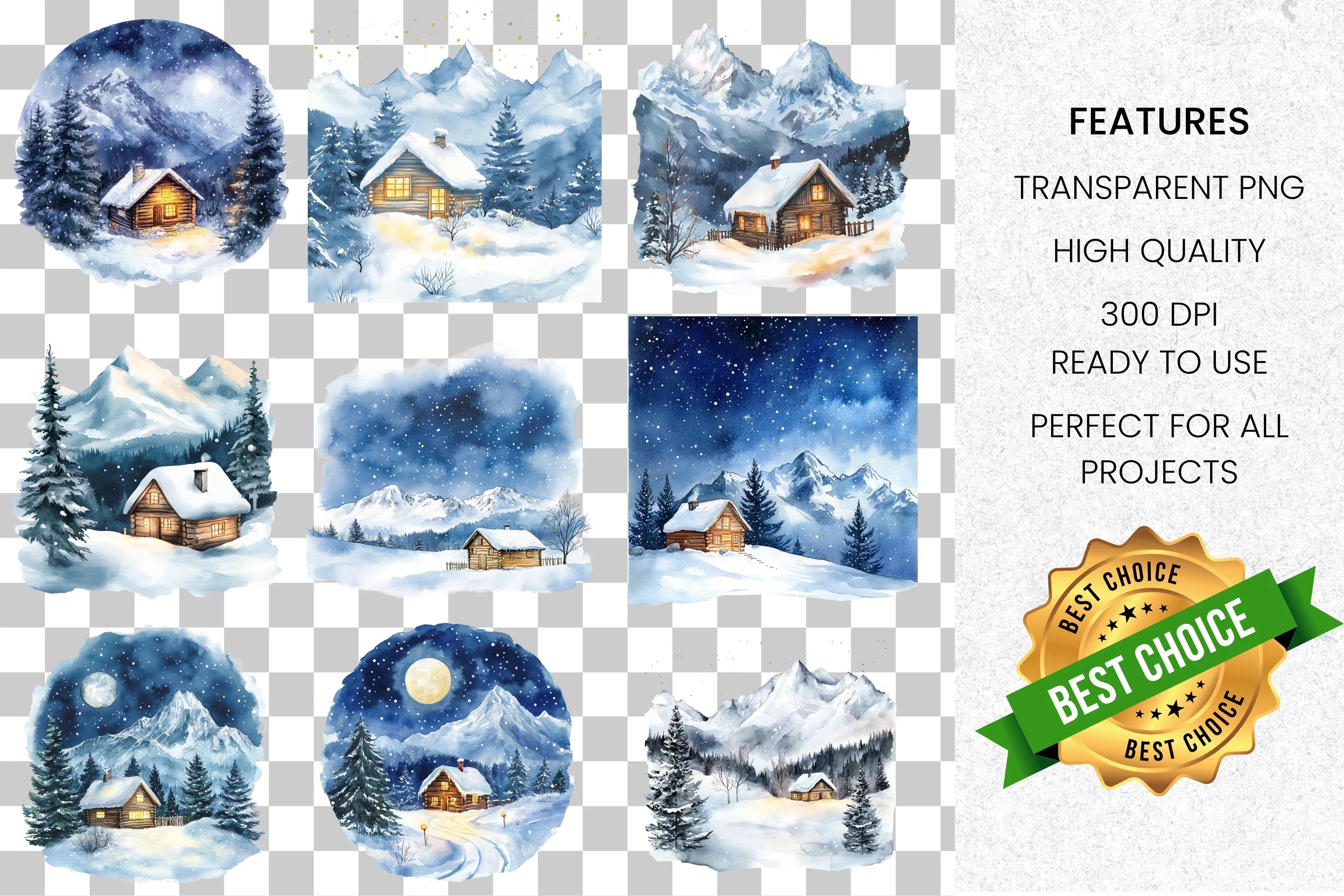 Snowy Mountain Cabin Clipart Bundle
