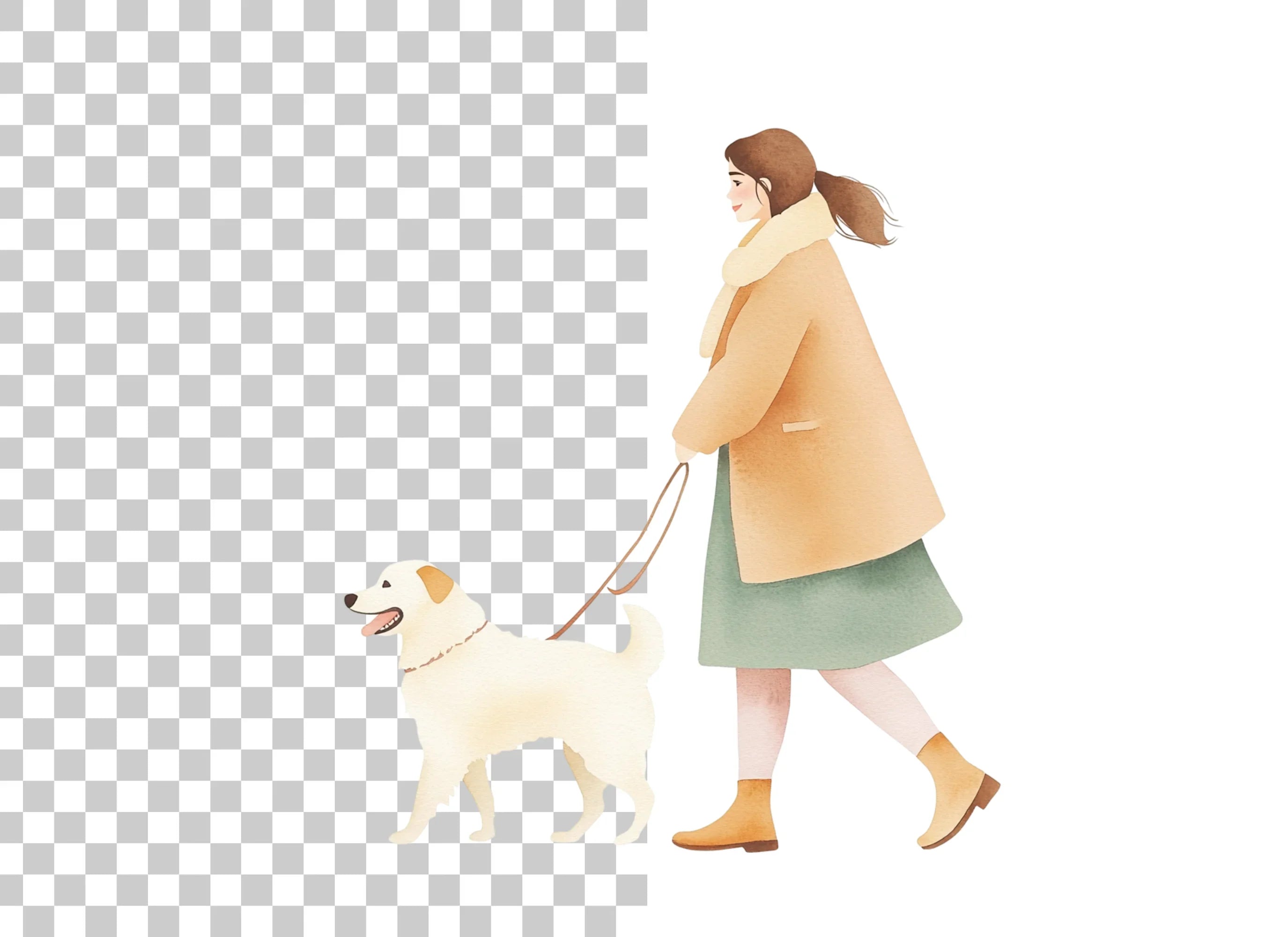 Woman Walking Dog Illustration Clipart Bundle