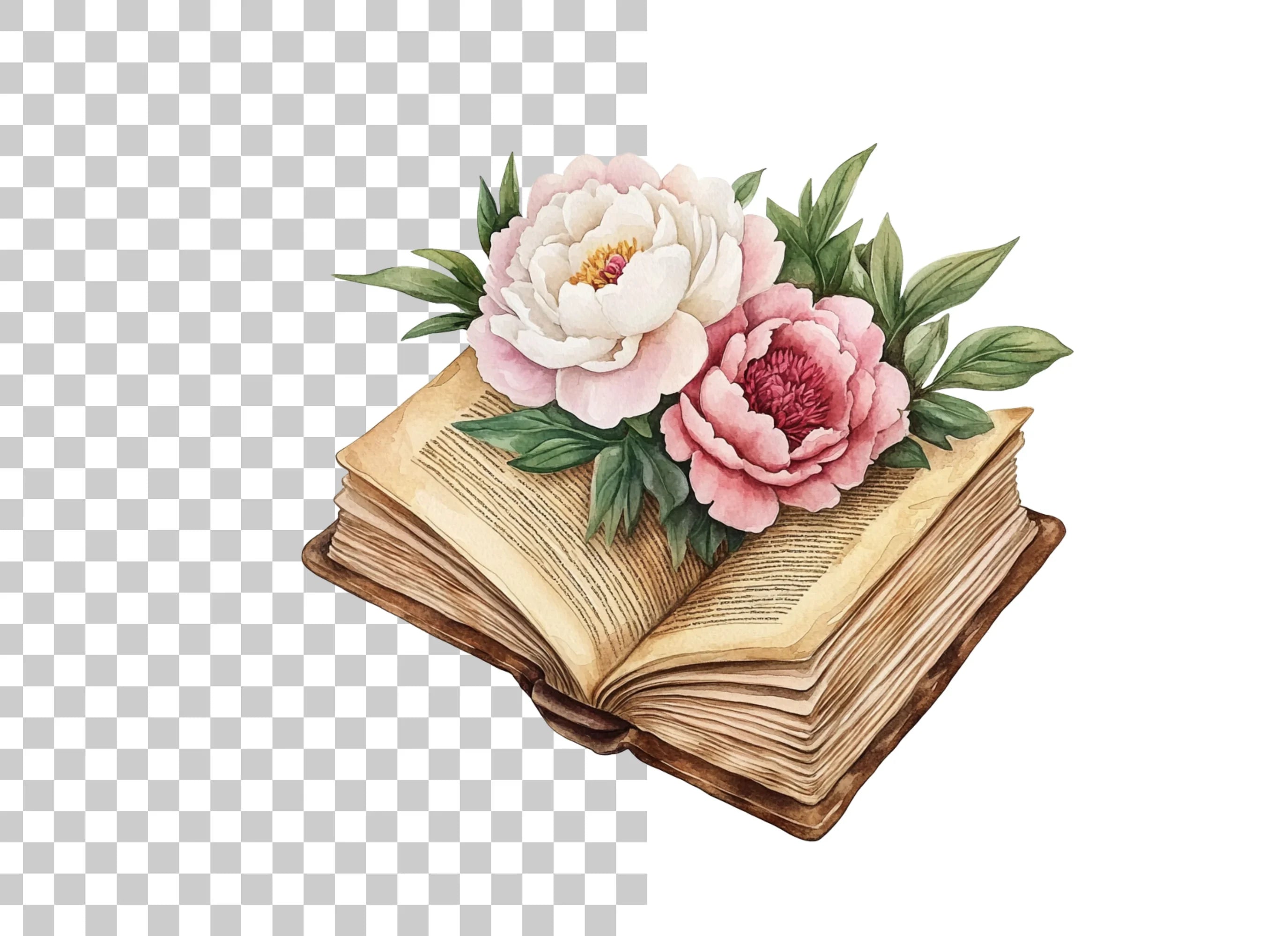 Vintage Books and Peony Flowers Clipart Bundle