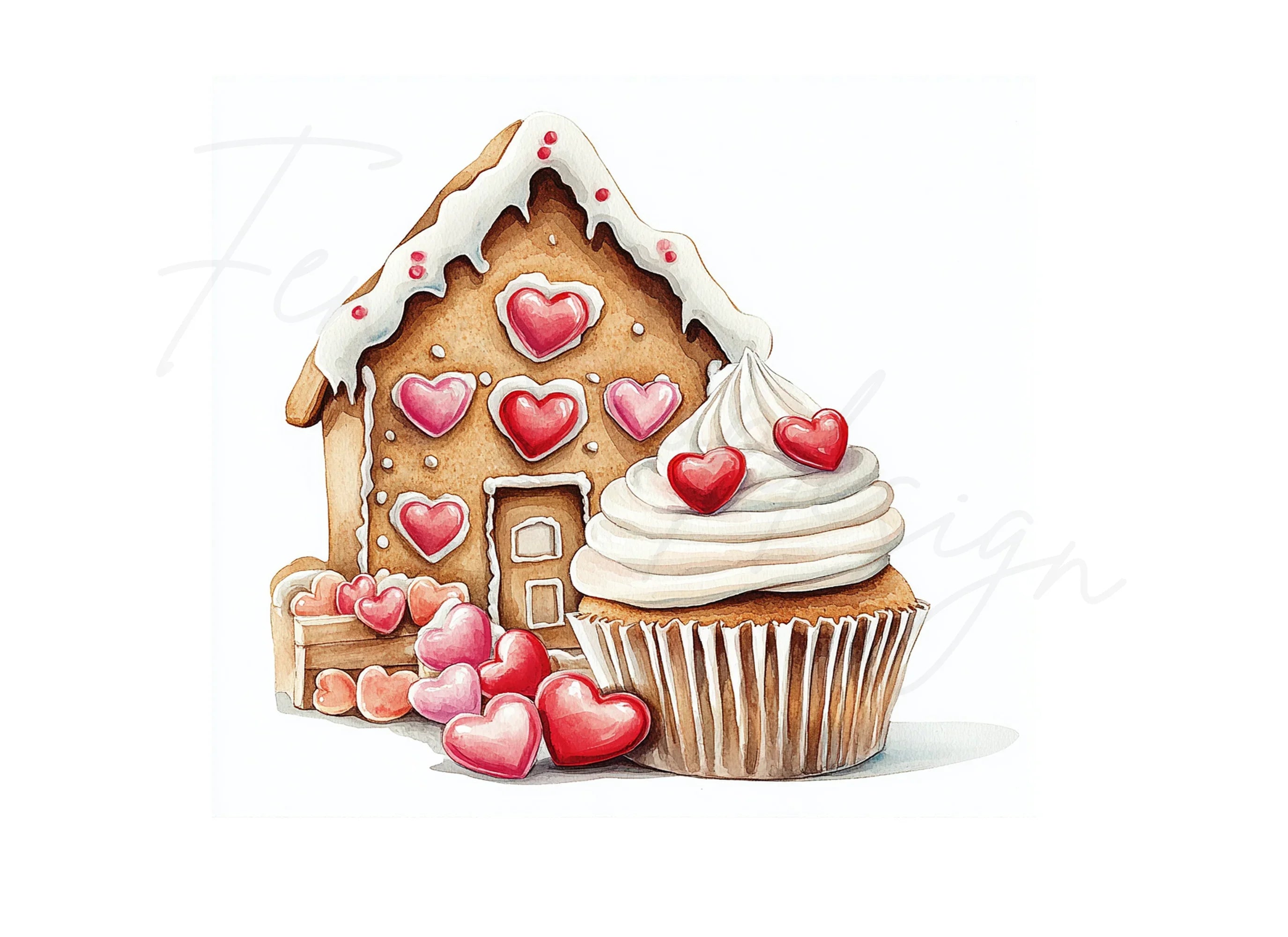 Valentine Gingerbread House Cupcakes Clipart Bundle