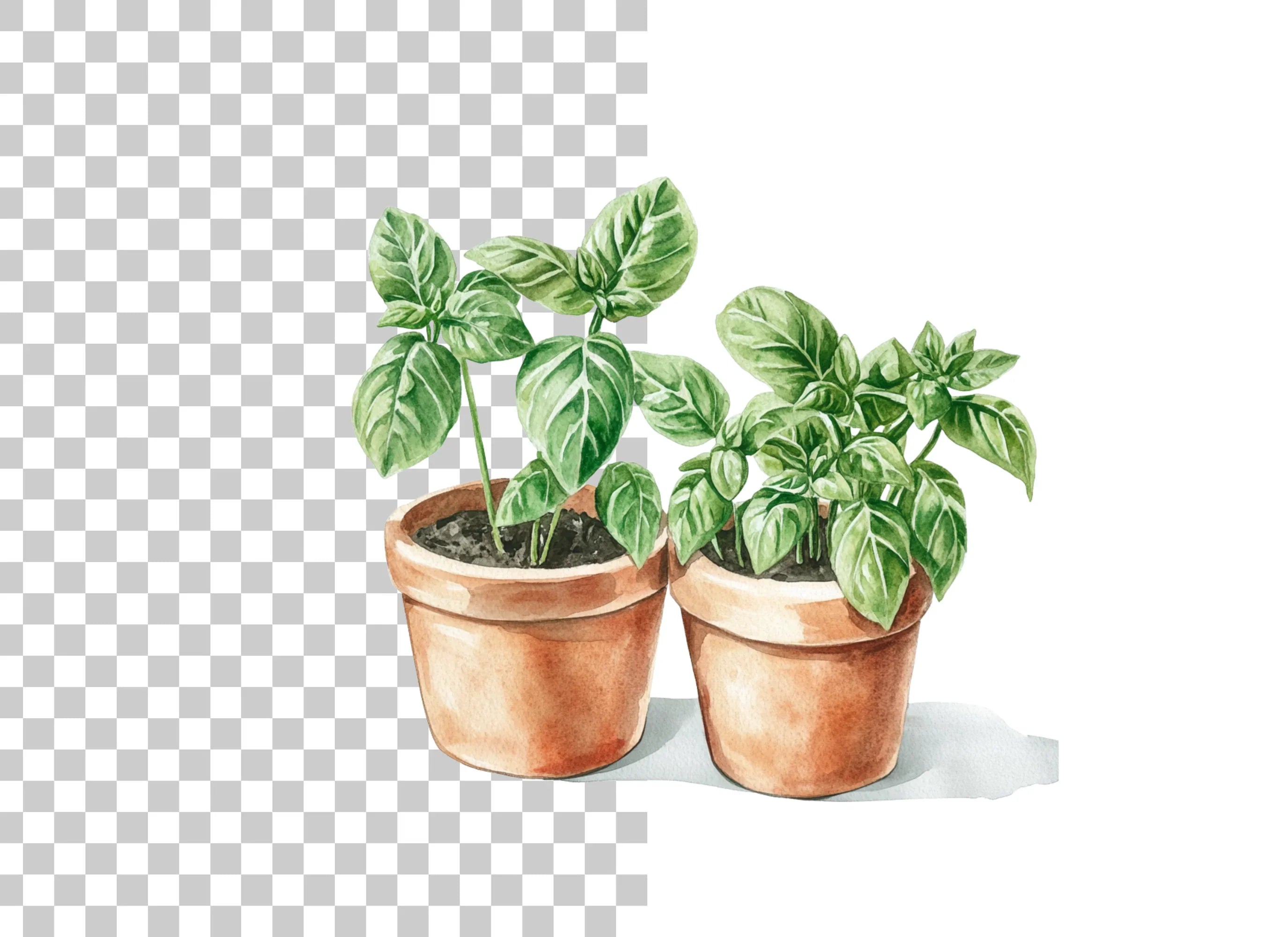 Fresh Basil Plants in Terracotta Pots Clipart Bundle