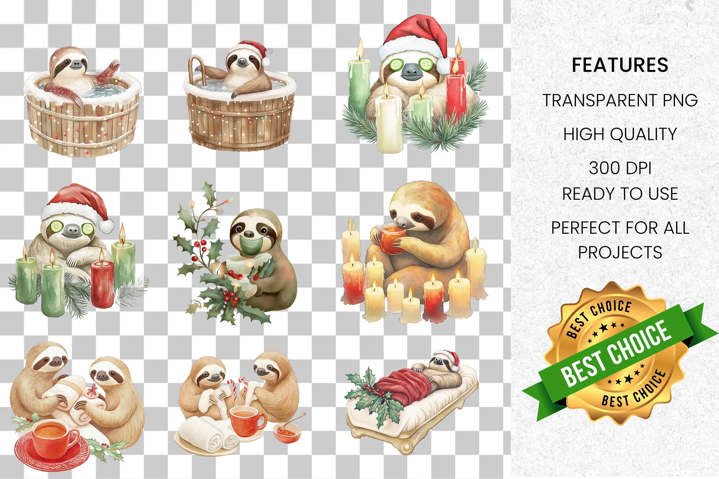 Christmas Sloth Holidays Clipart Bundle