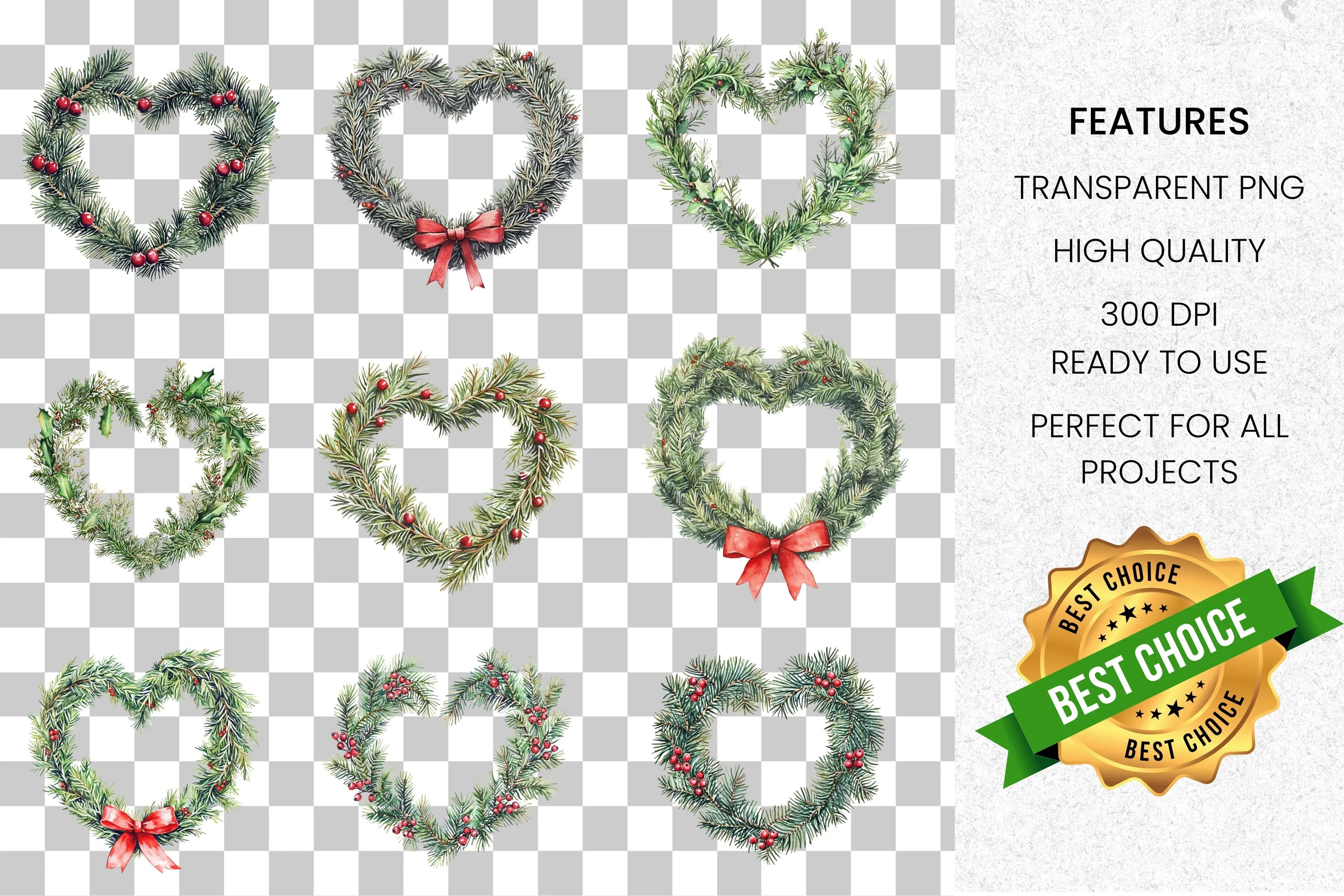 Evergreen Heart Wreaths Clipart Bundle