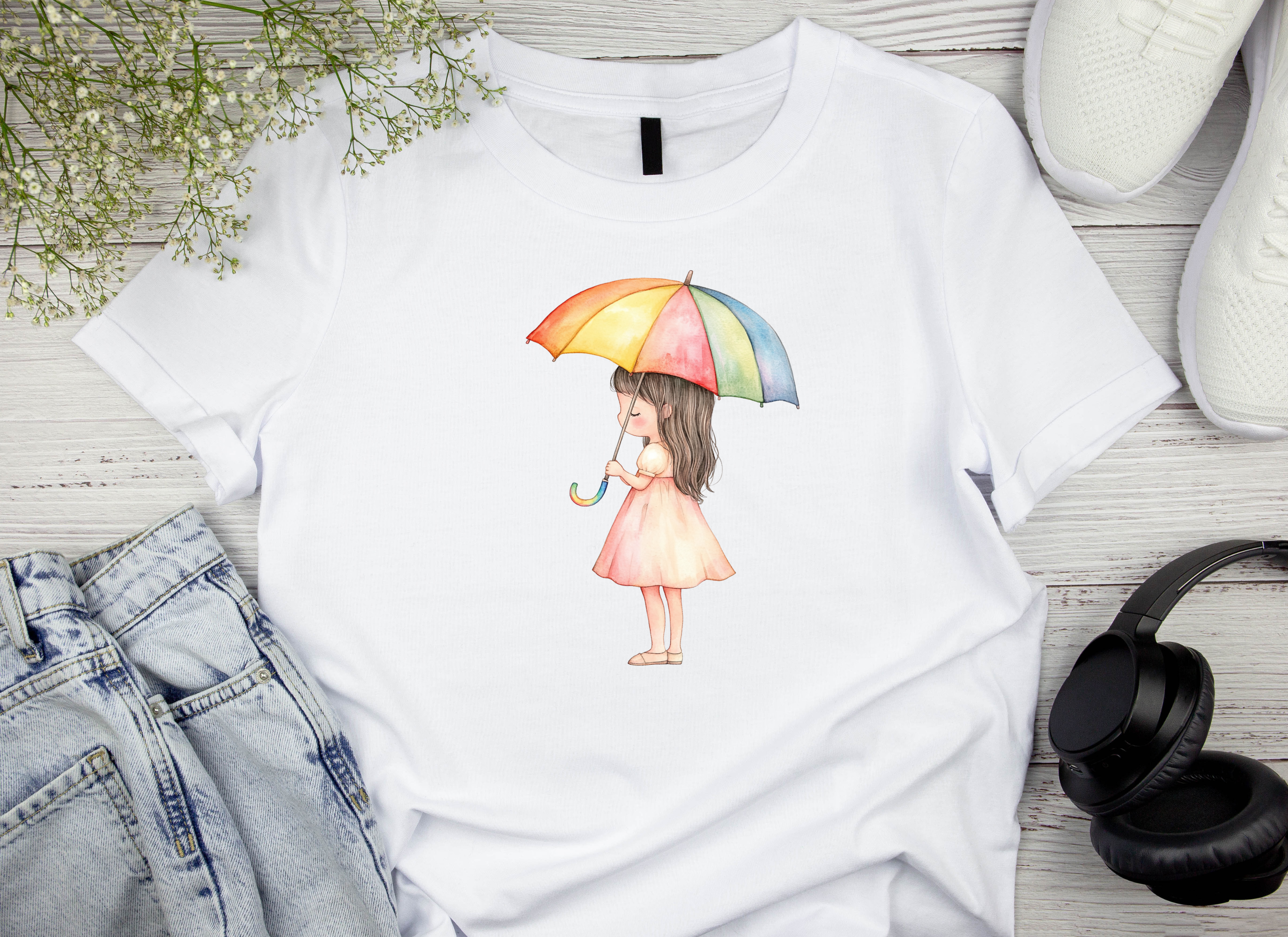 Girl with Rainbow Umbrella Clipart Bundle