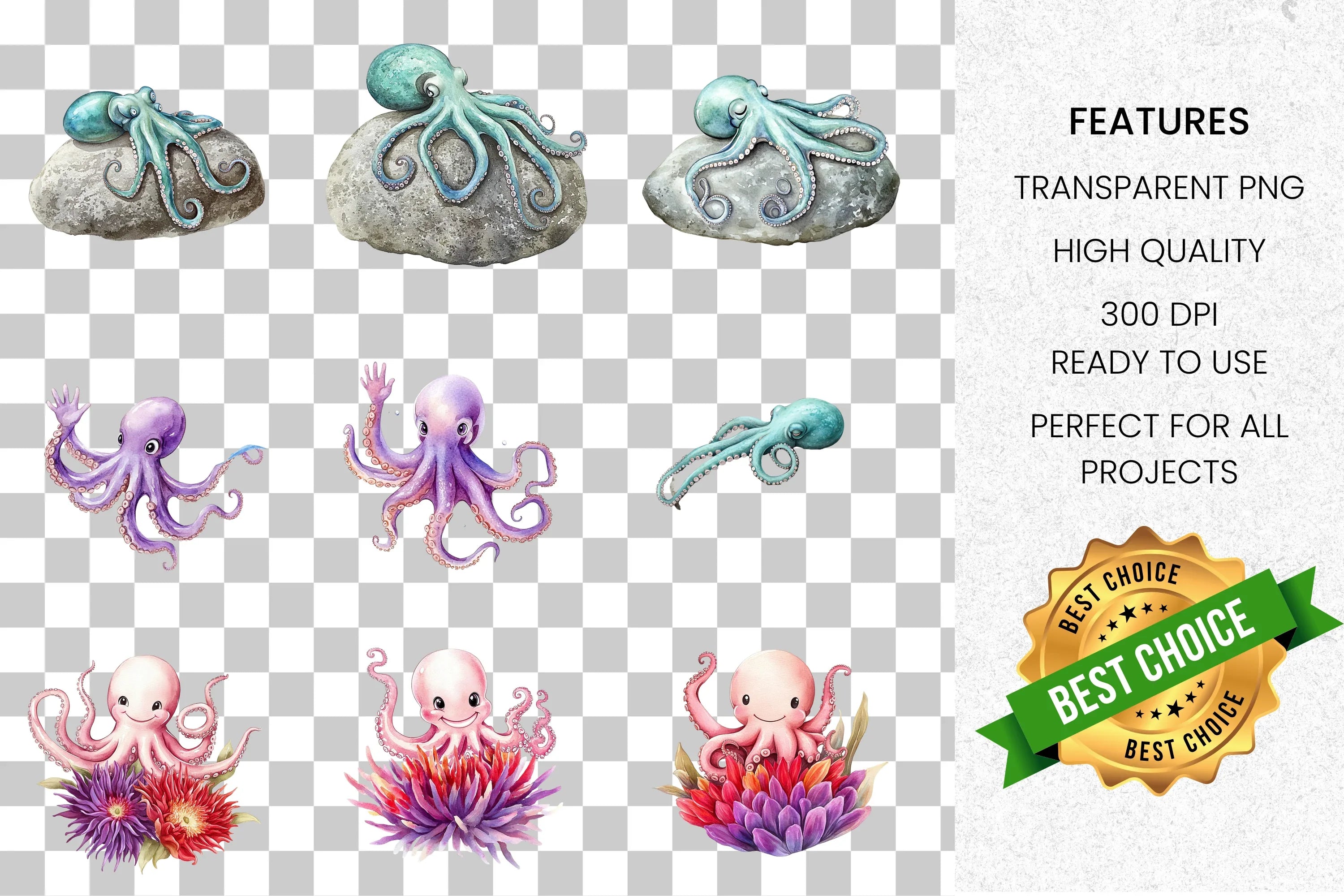 Cute Octopus Ocean Animal Clipart Bundle