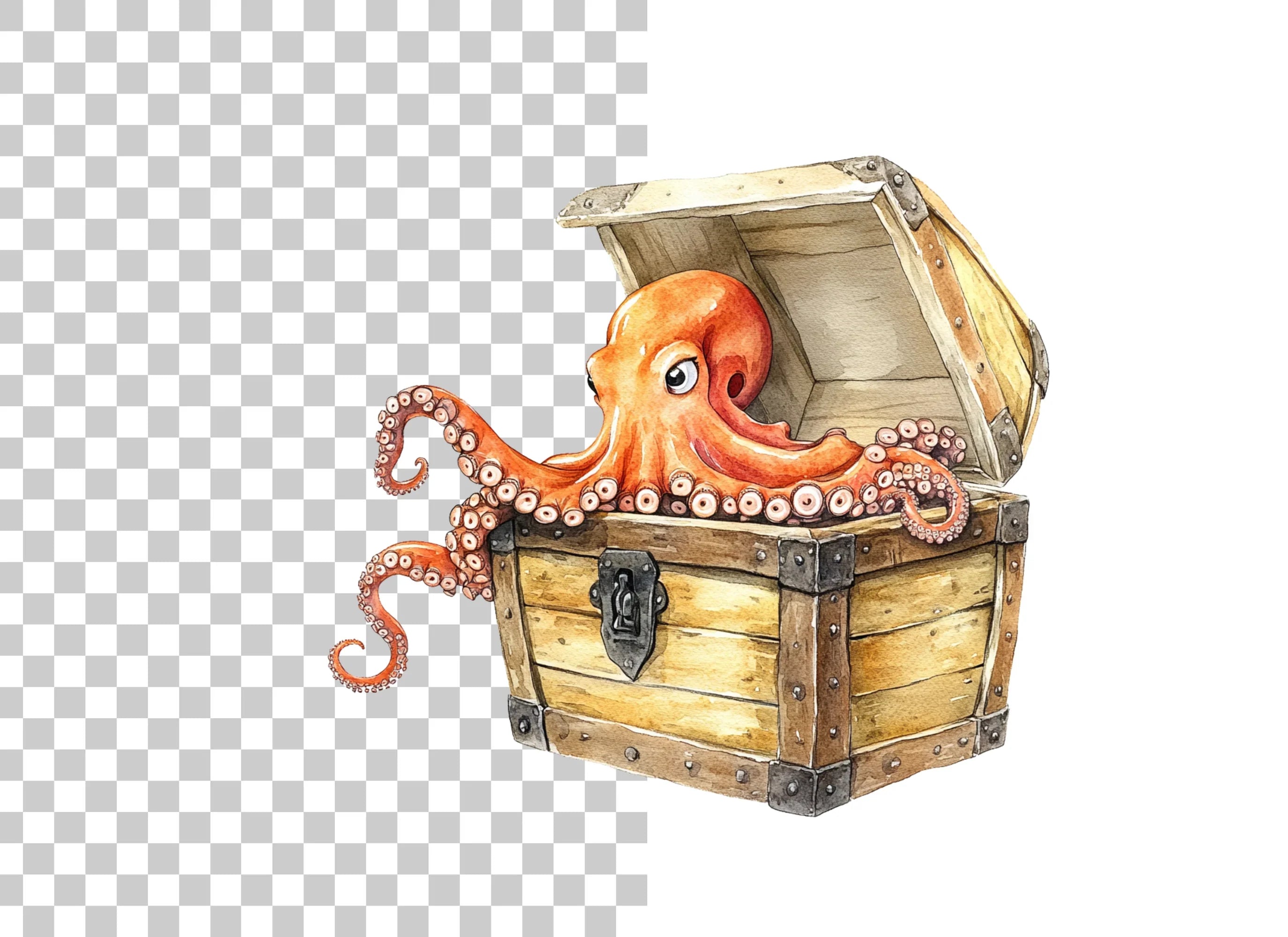 Cute Octopus in Treasure Chest Clipart Bundle