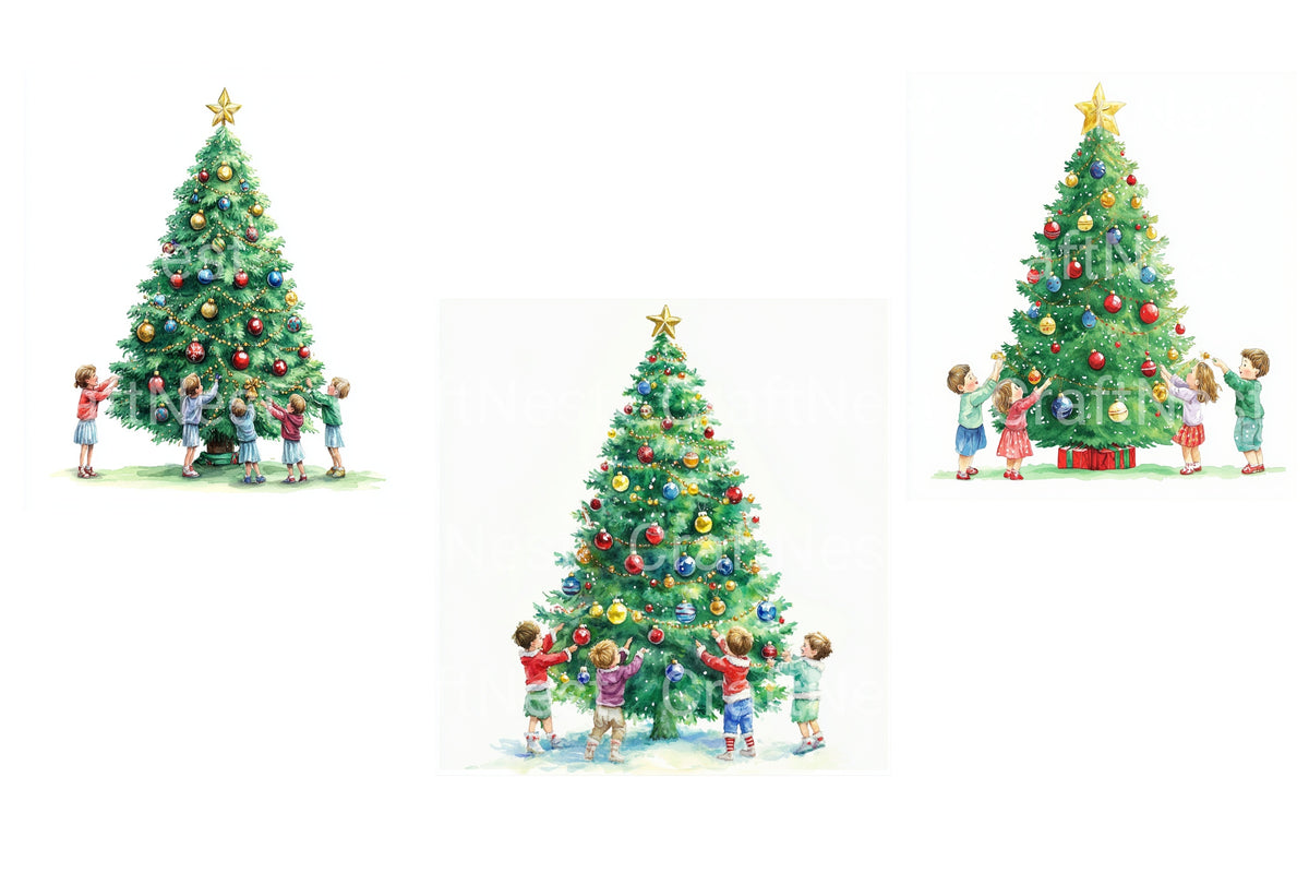 Kids Decorating Christmas Tree Clipart Bundle