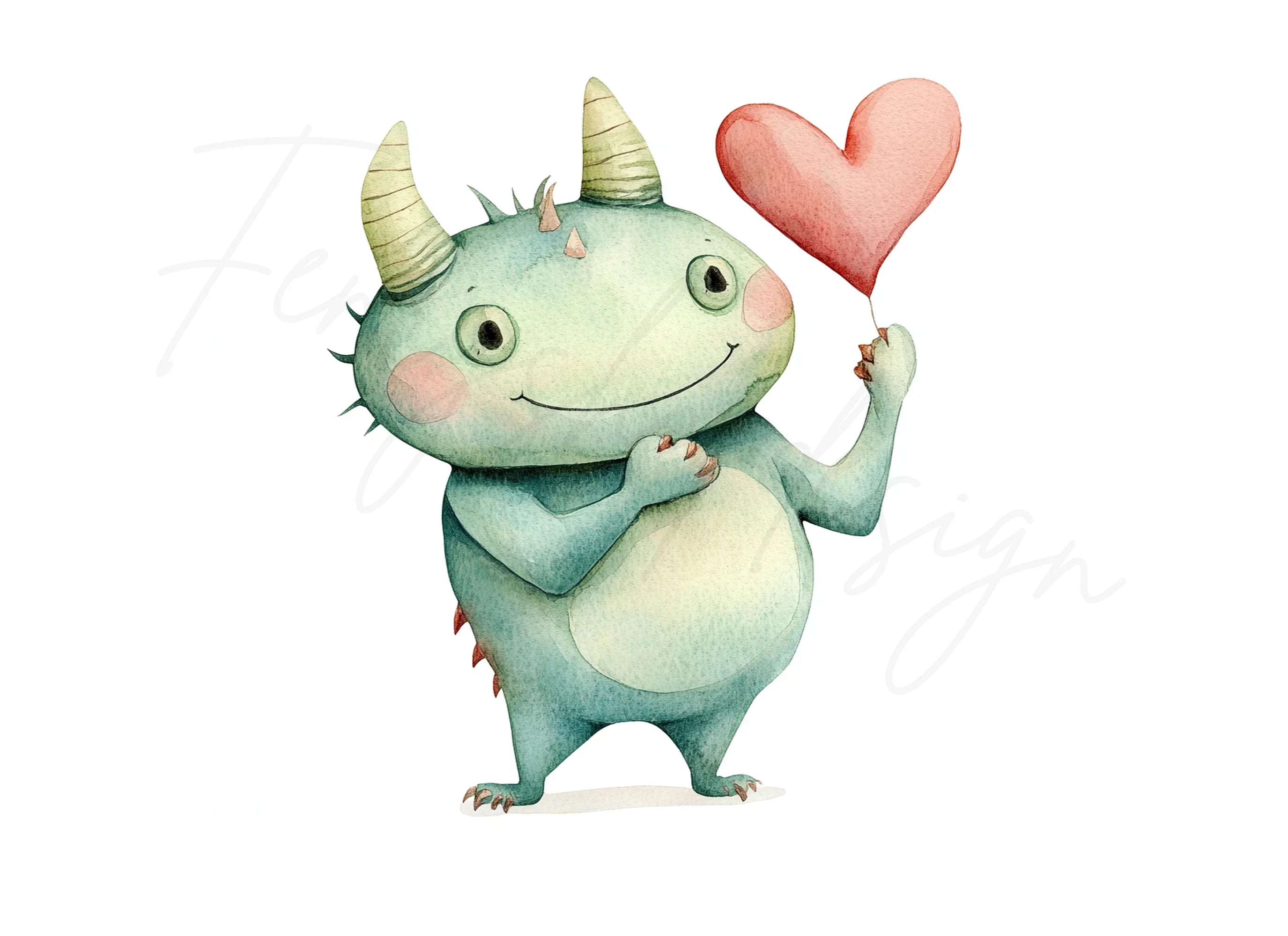 Cute Green Monster with Heart Clipart Bundle