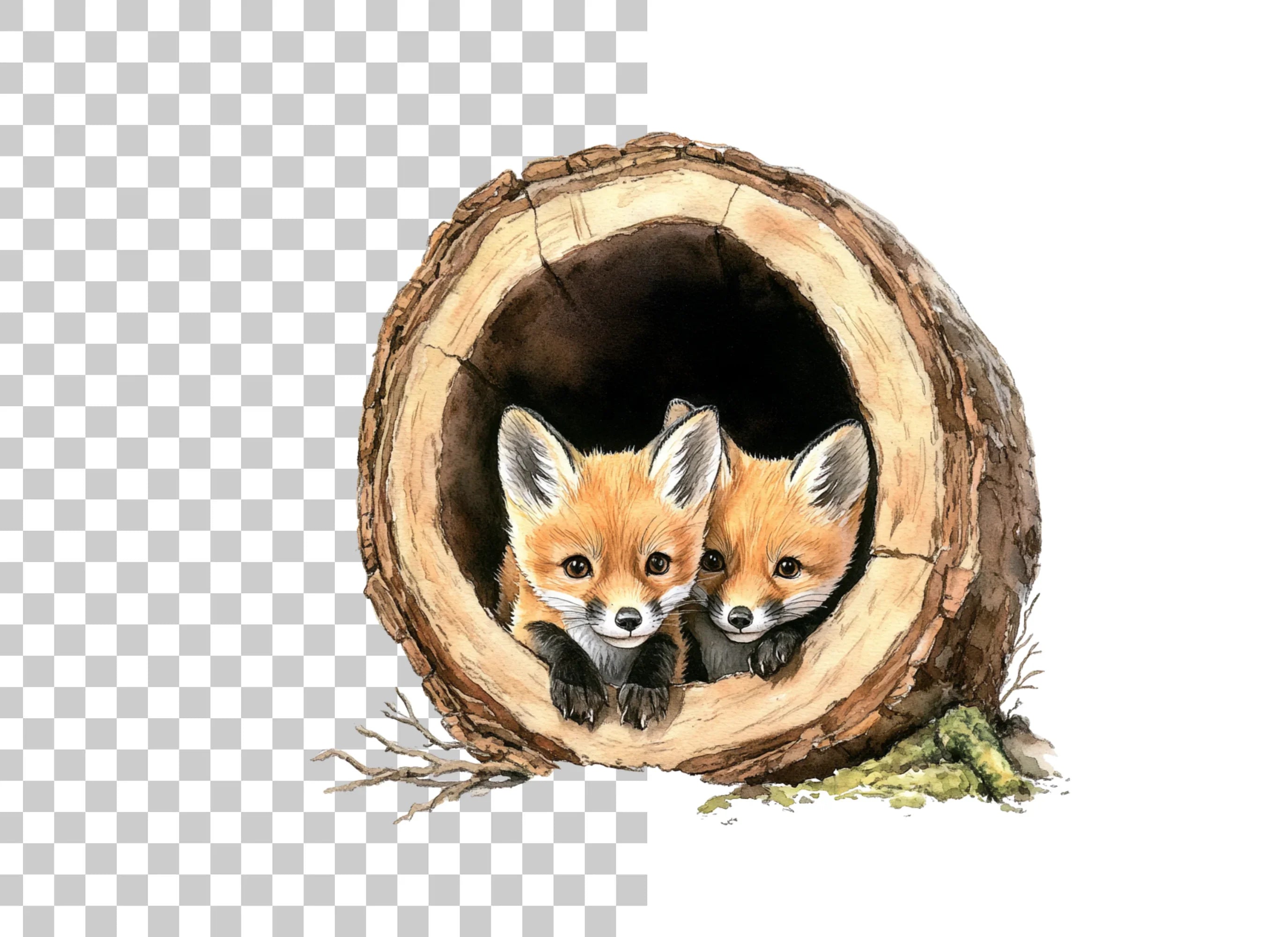Baby Foxes in Log and Snow Clipart Bundle