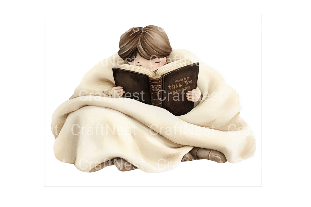 Cozy Person Reading Under Blanket Clipart Bundle