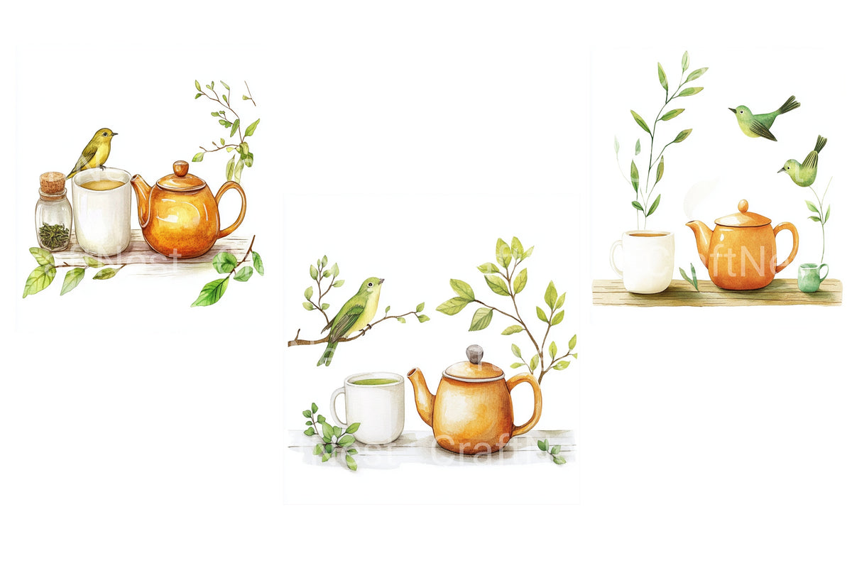 Cozy Tea Time With Birds And Leaves Clipart Bundle