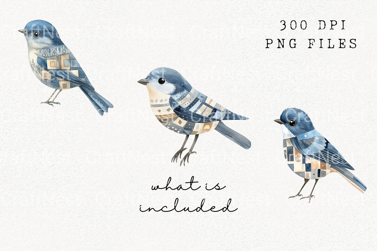 Patchwork Blue Bird Designs Clipart Bundle