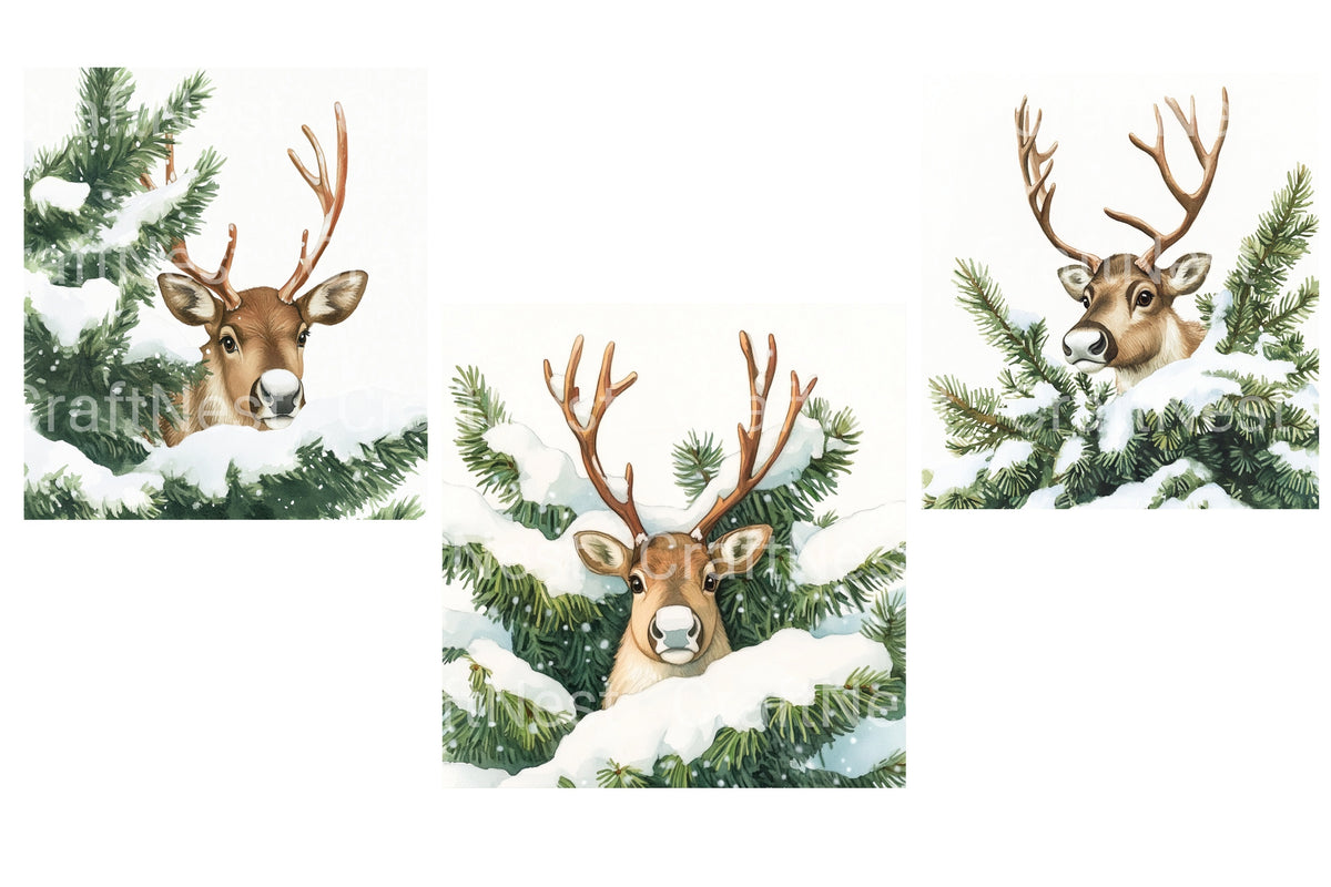 Reindeer In Snowy Pine Trees Clipart Bundle