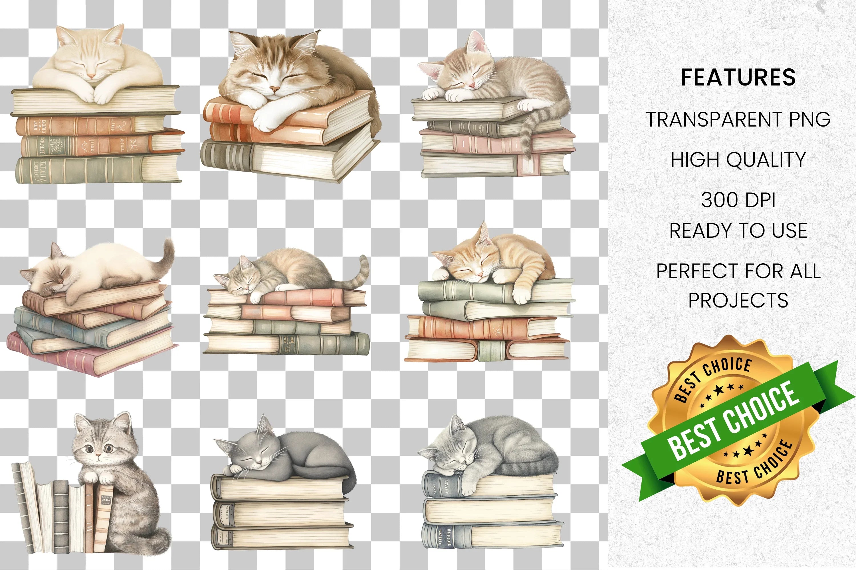 Cute Cats Sleeping on Books Clipart Bundle