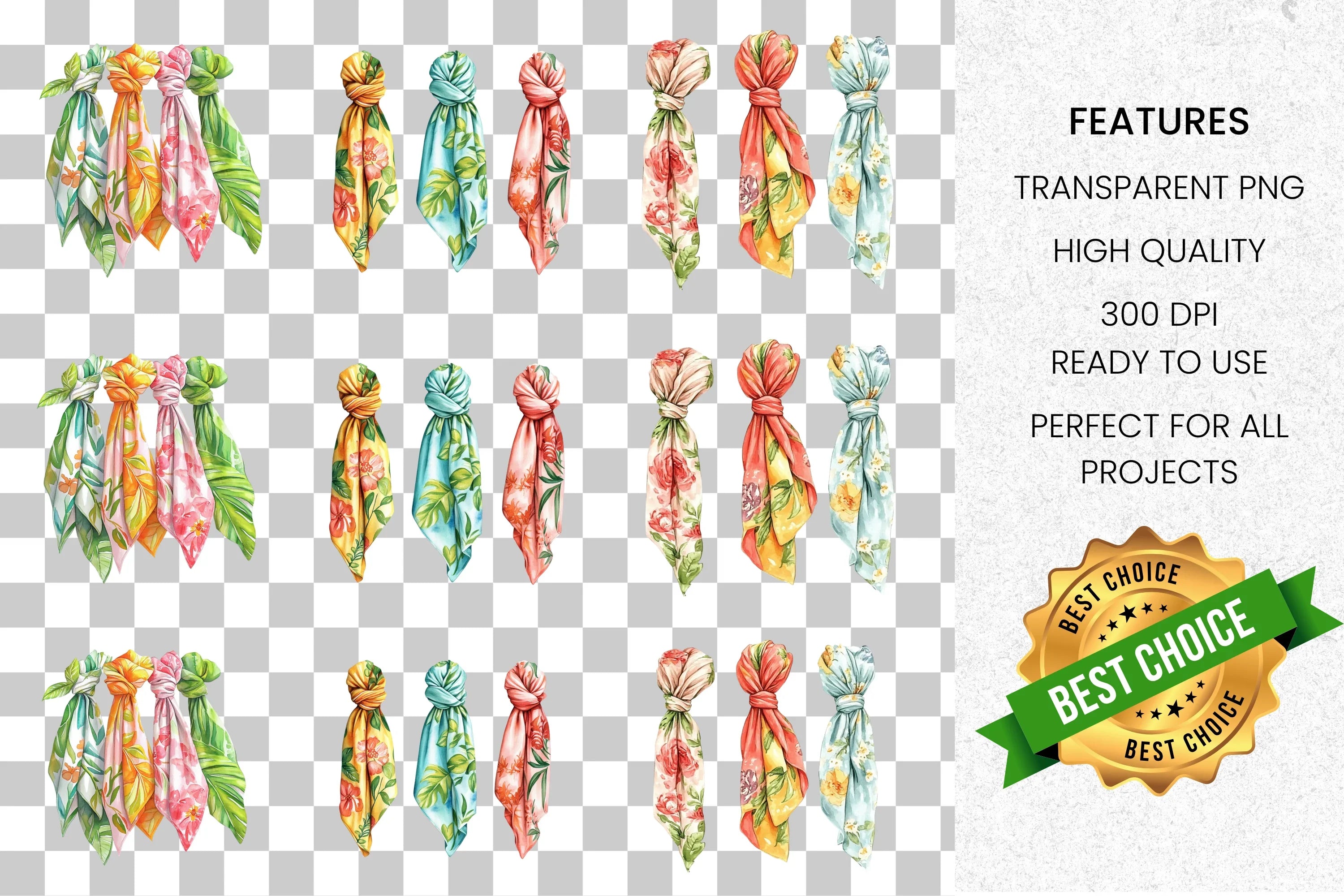 Floral Tied Scarves Clipart Bundle