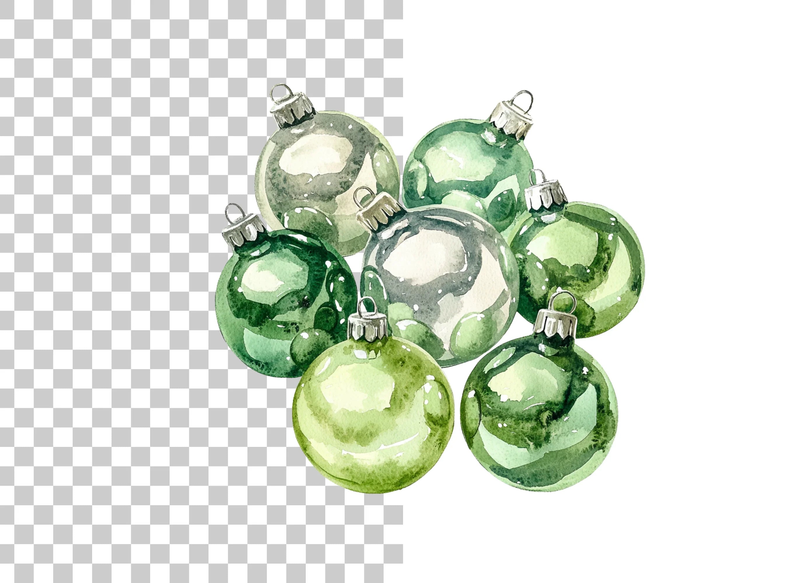 Pastel Green Silver Christmas Ornaments Clipart Bundle