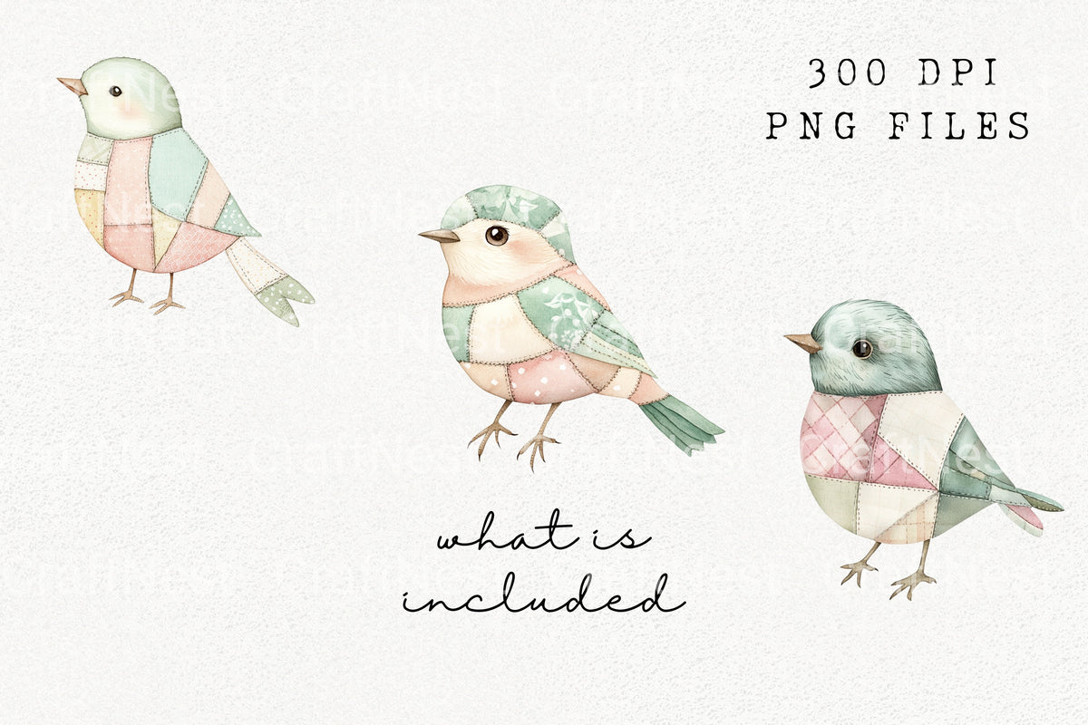 Patchwork Pastel Bird Decorative Clipart Bundle
