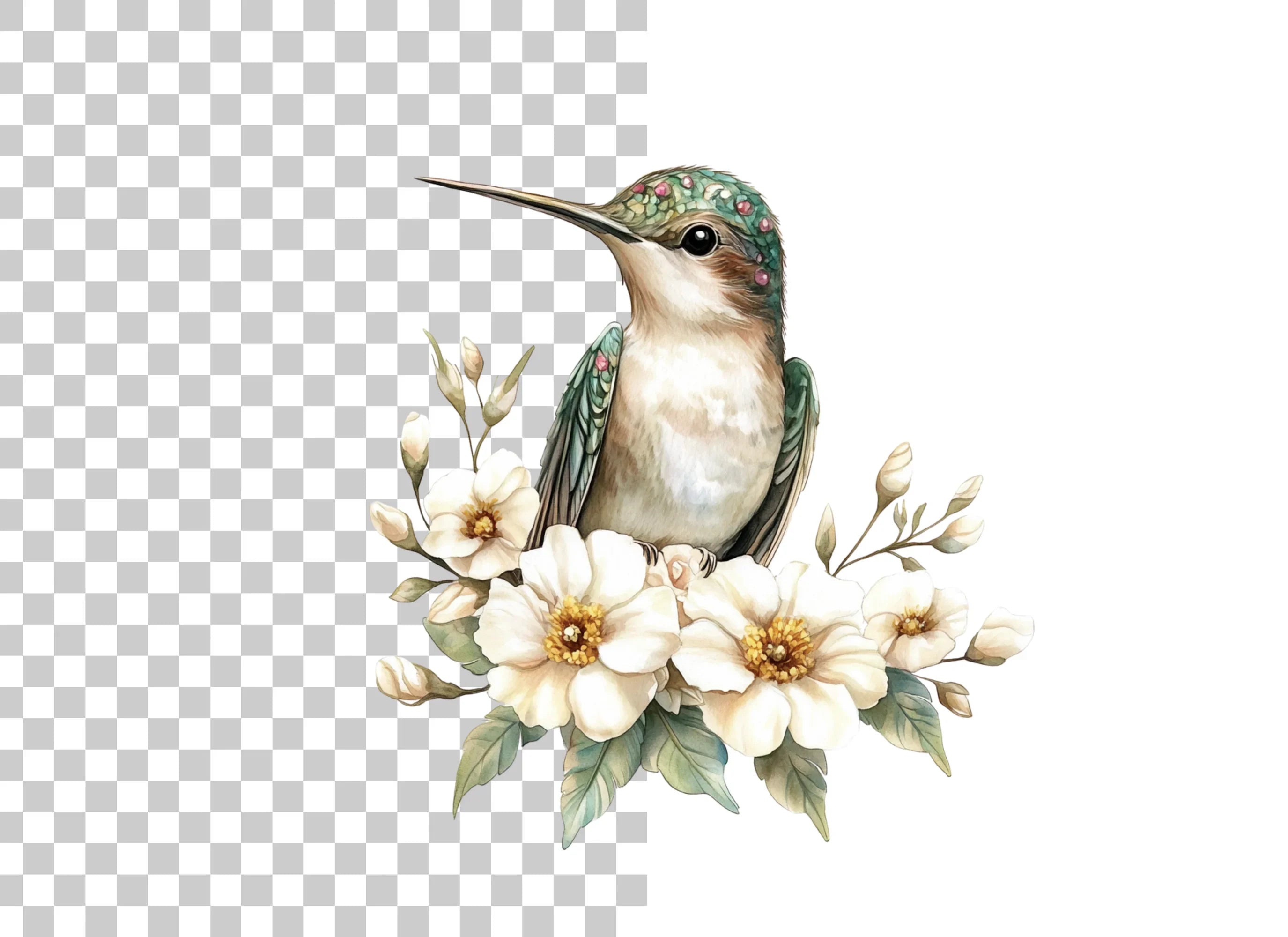 Hummingbird with White Flowers Clipart Bundle