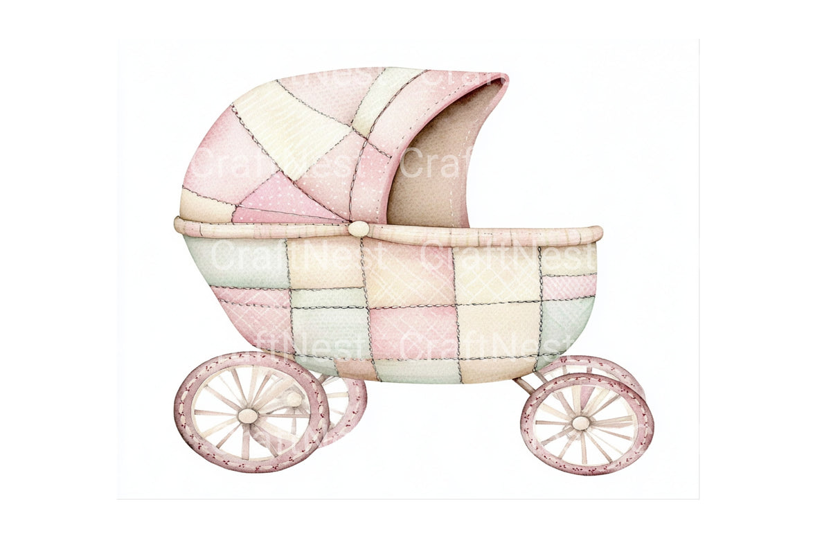 Pink Patchwork Strollers Elements Clipart Bundle
