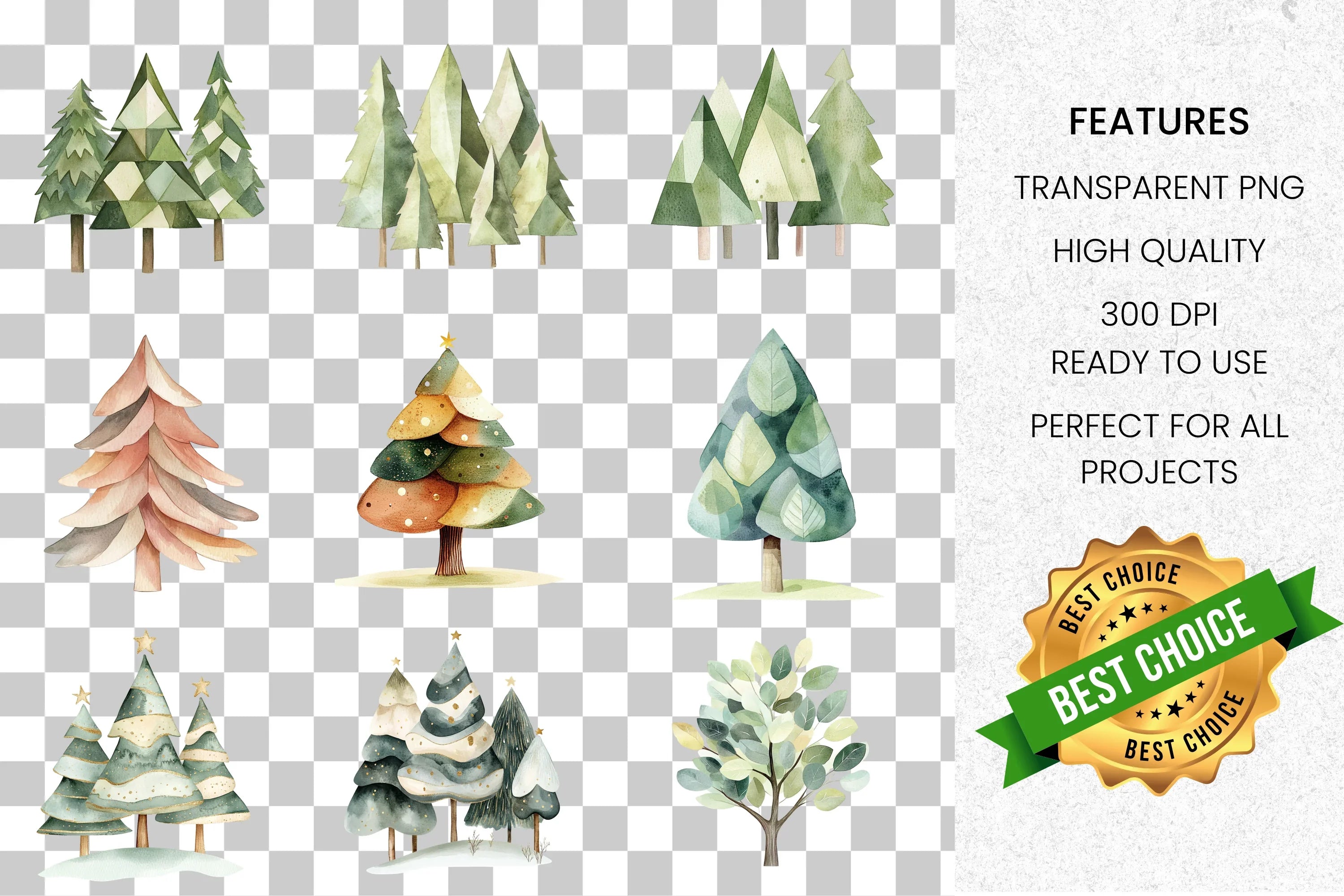 Forest Christmas Tree Clipart Bundle