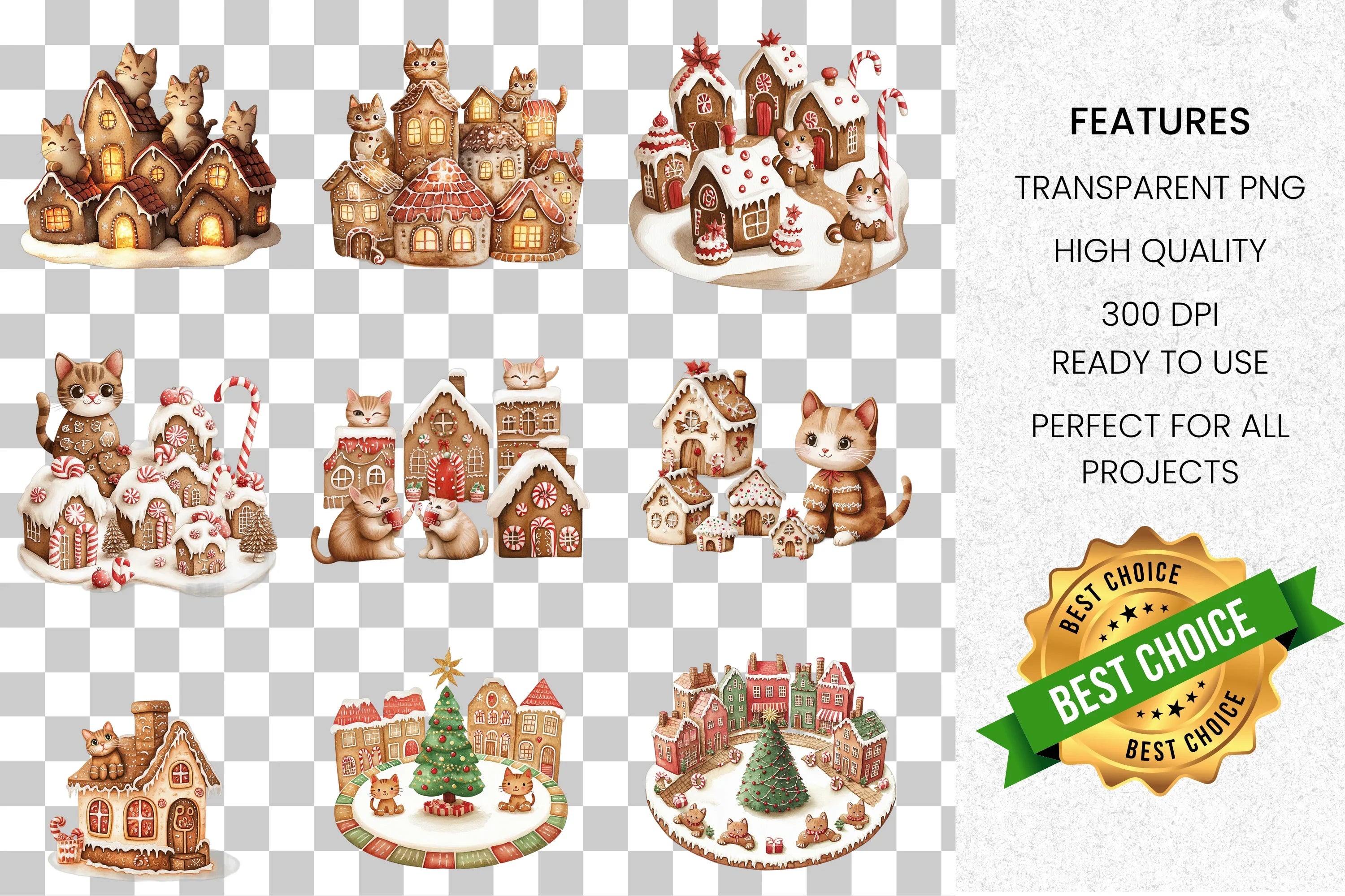 Gingerbread Cat Houses Christmas Clipart Bundle