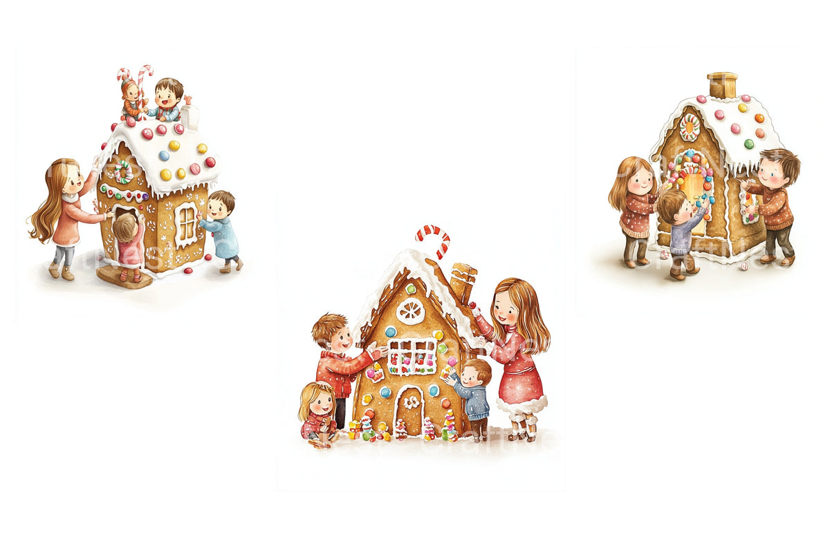 Kids Decorating Gingerbread House Clipart Bundle
