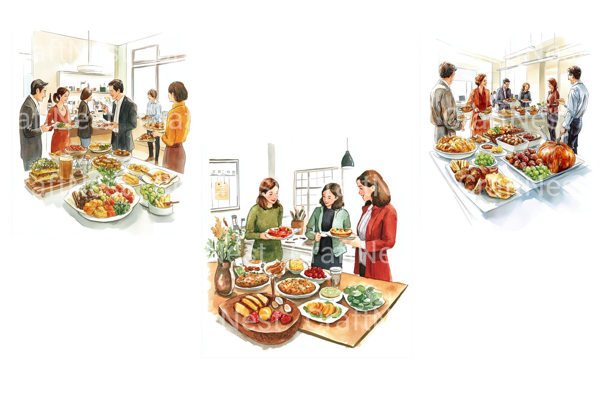 People Enjoying Buffet Party Clipart Bundle