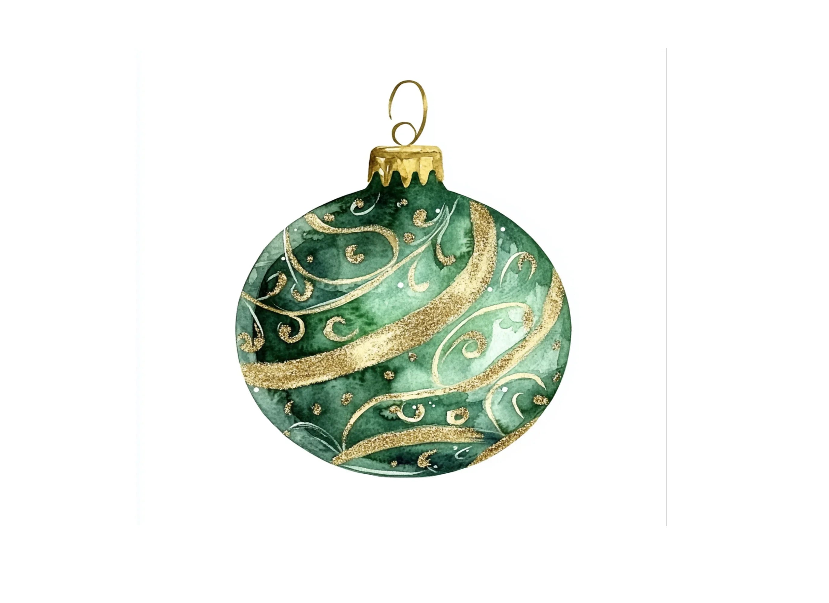 Elegant Green Gold Christmas Baubles Clipart Bundle