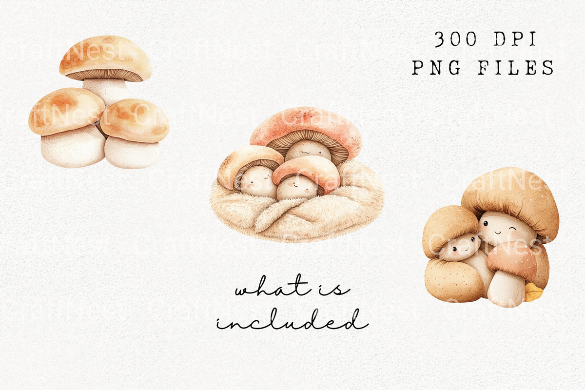 Cute Mushroom Family Hugging Clipart Bundle