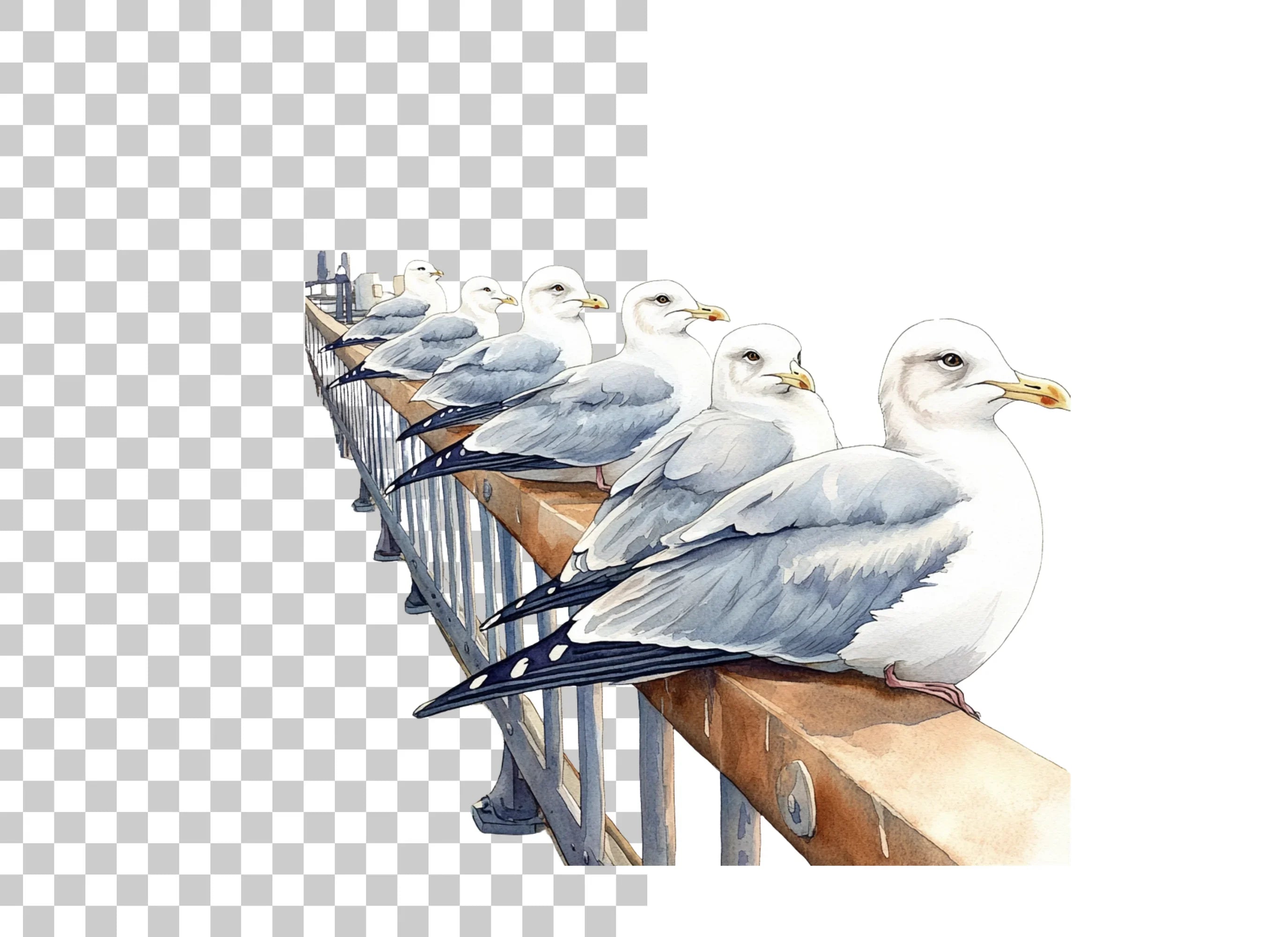 Flock of Seagulls on Railing Clipart Bundle