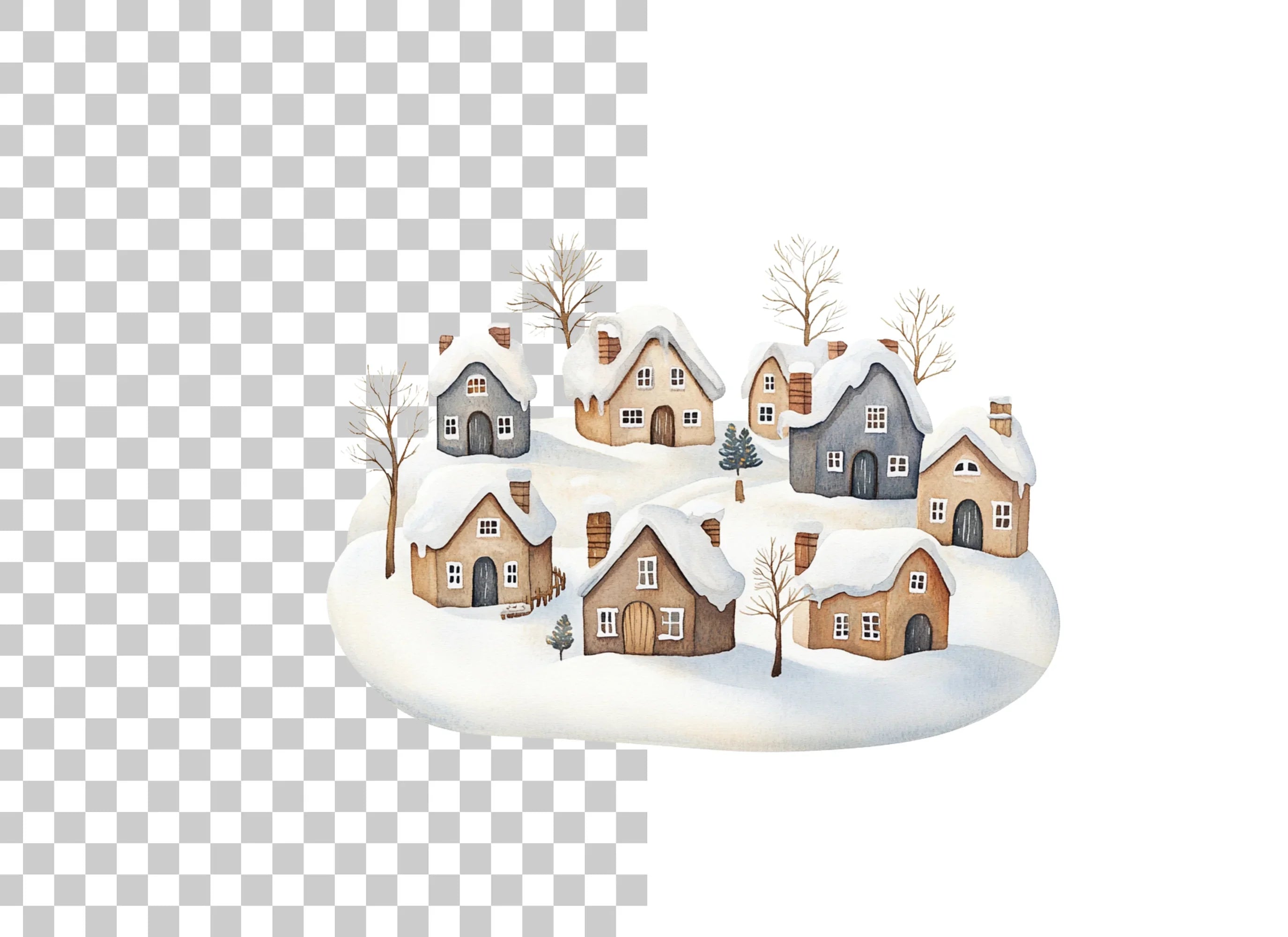 Snowy Village Landscape Clipart Bundle