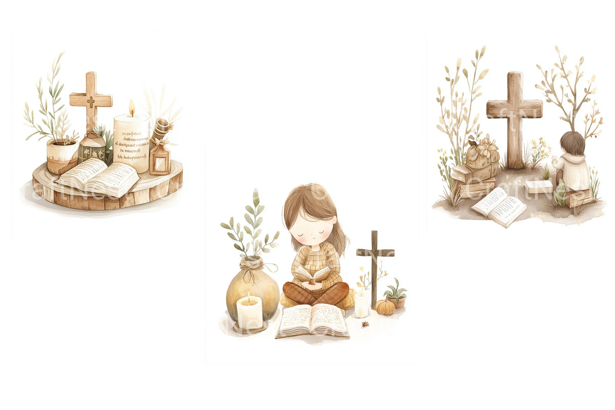 Religious Cross And Bible Scene Clipart Bundle