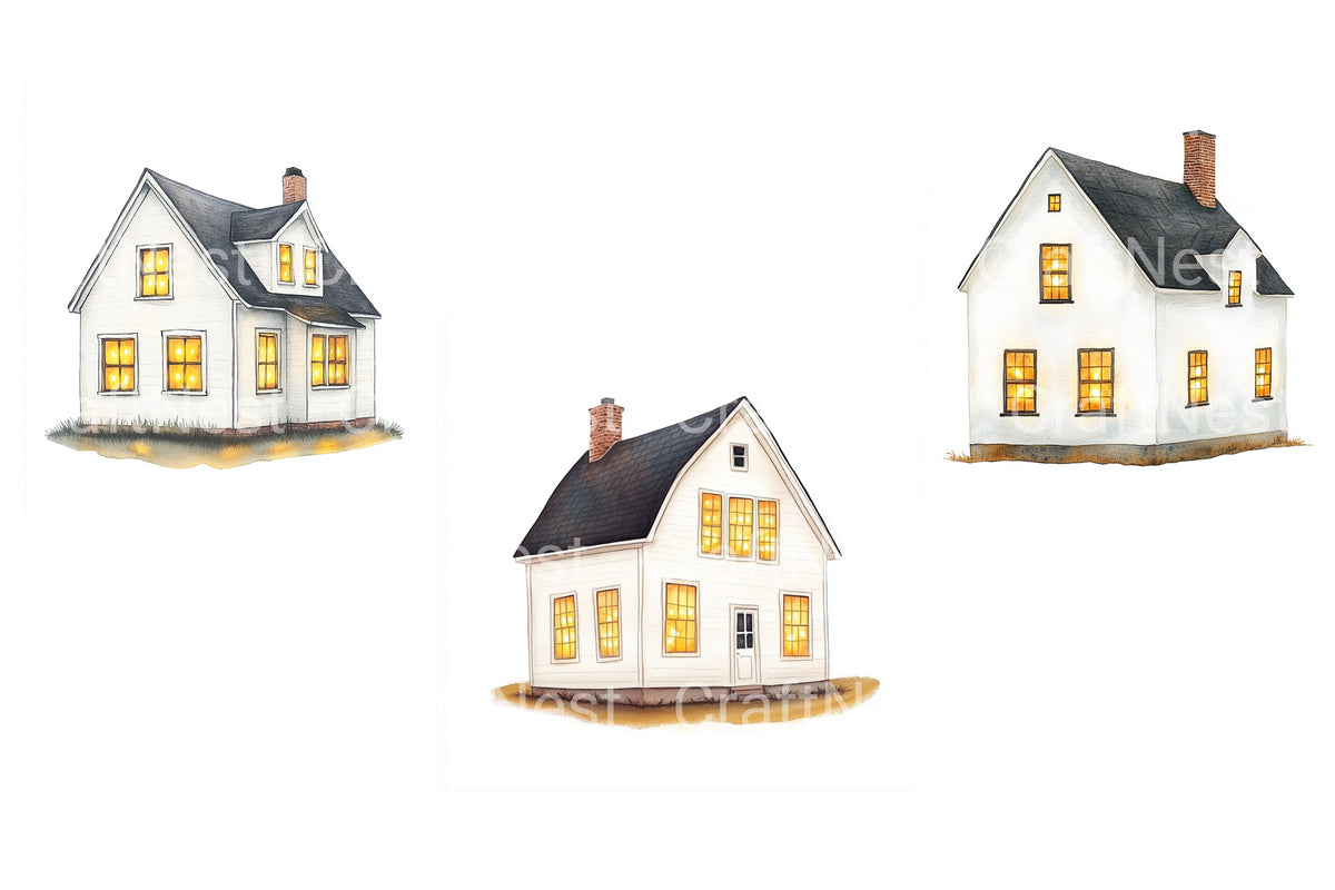 Cozy White Houses With Warm Lights Clipart Bundle