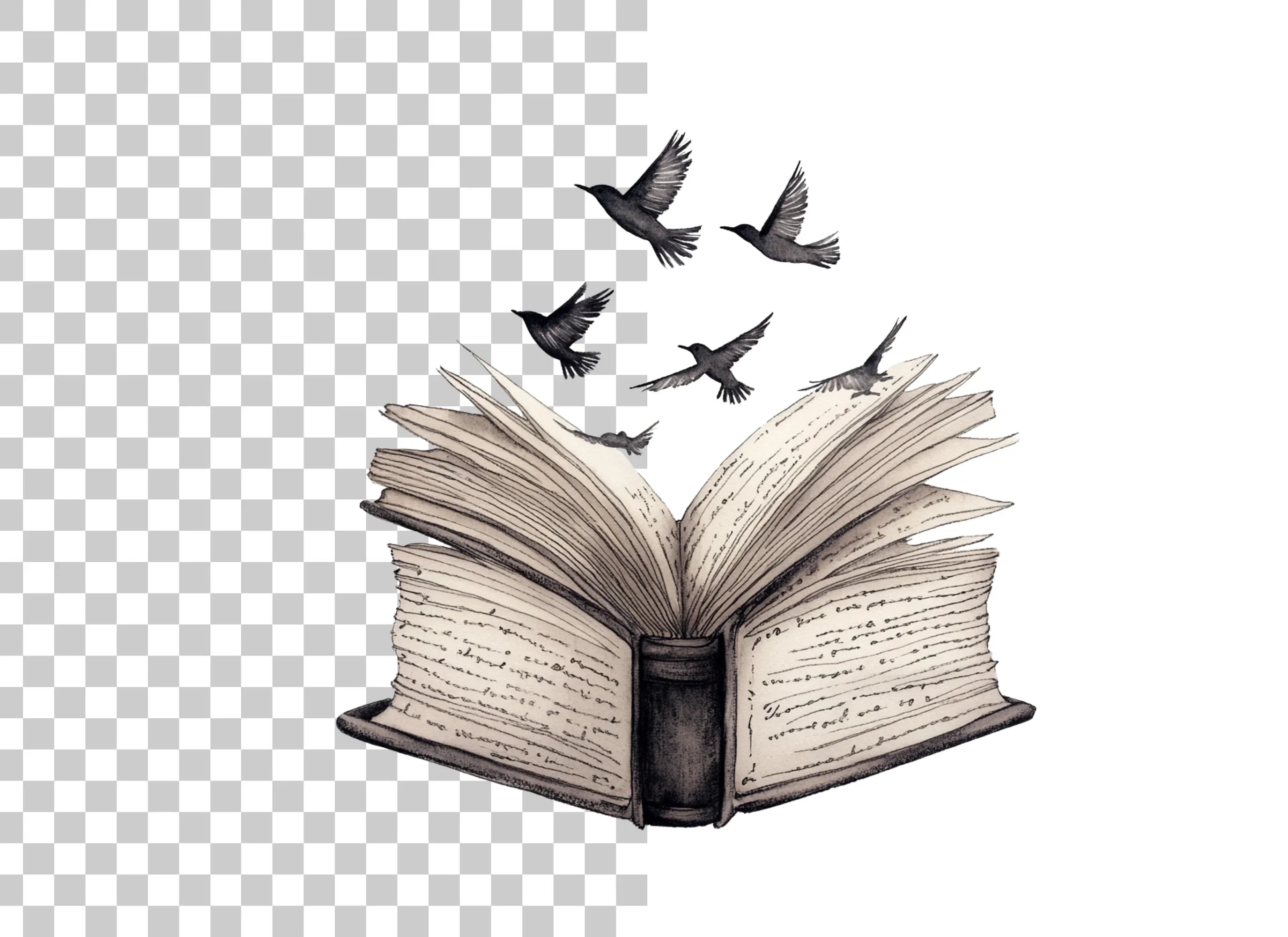 Open Books with Flying Birds Clipart Bundle