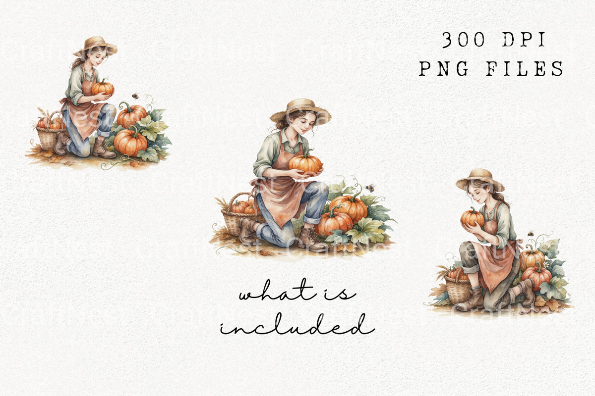 Autumn Harvest Girl With Pumpkins Edition Clipart Bundle