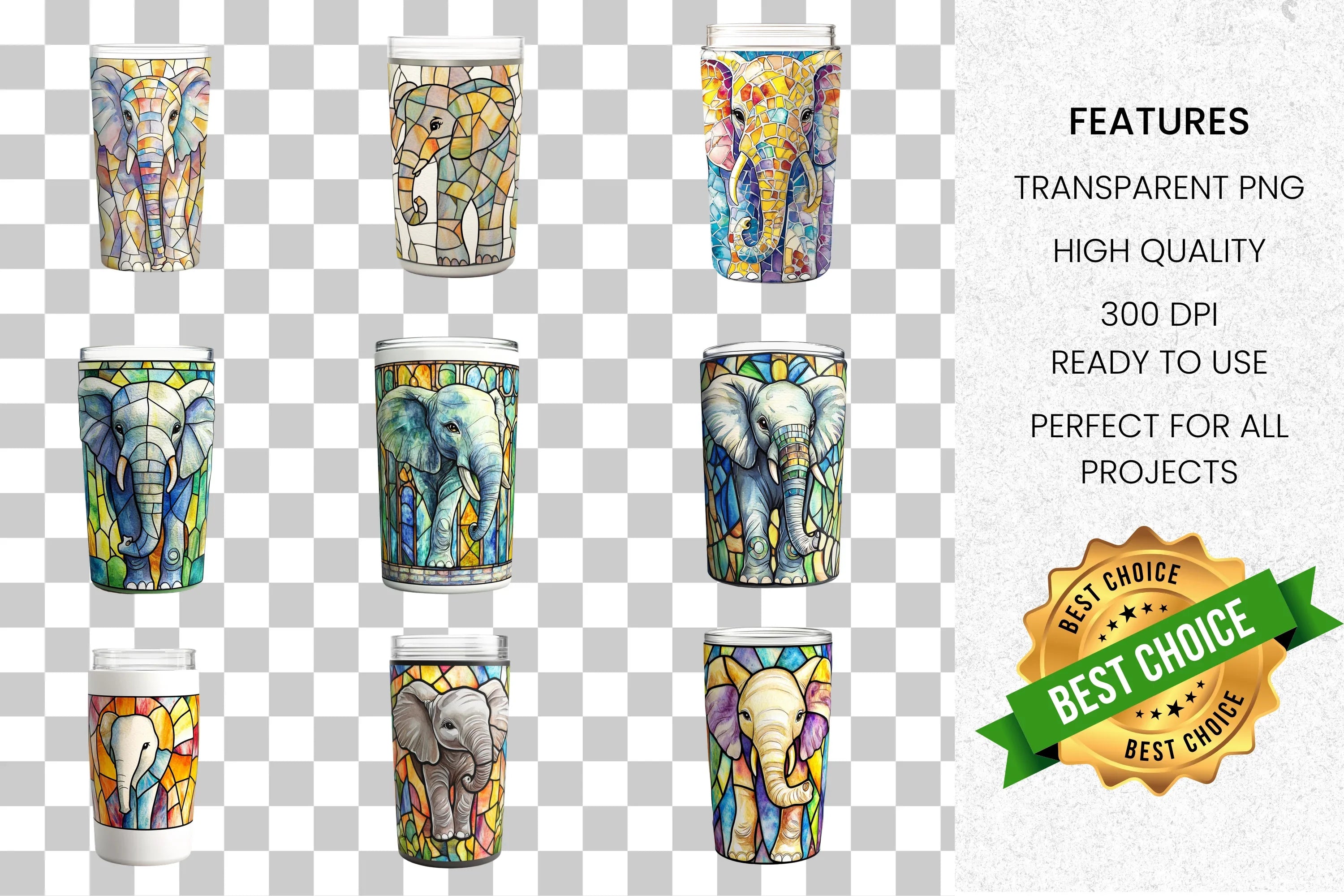 Stained Glass Elephant Tumbler Clipart Bundle