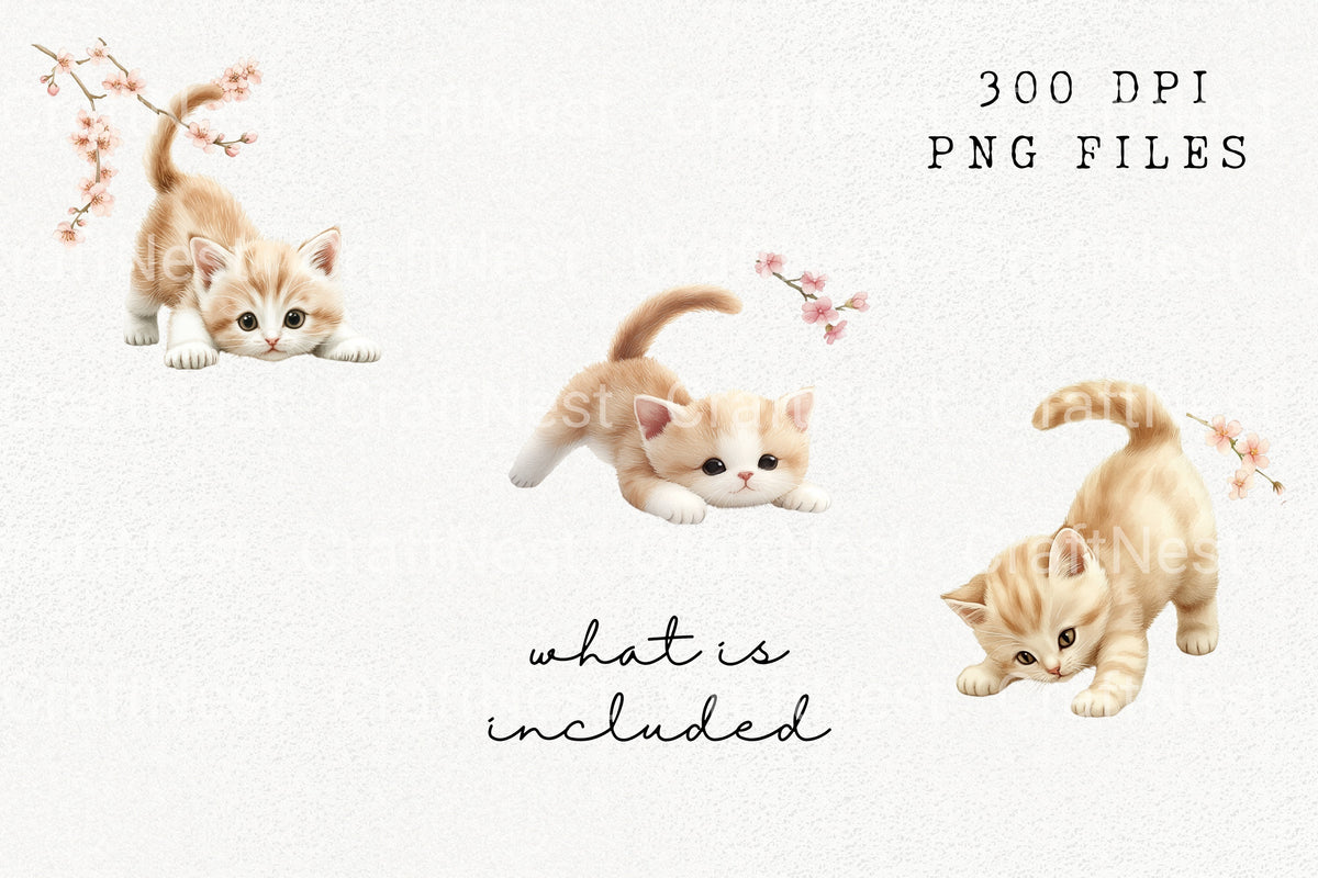 Playful Kitten With Cherry Blossoms Clipart Bundle