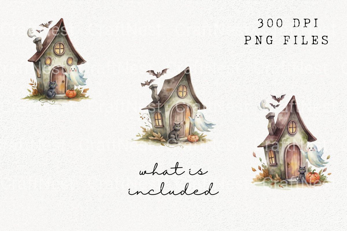Halloween House With Ghosts And Cat Clipart Bundle