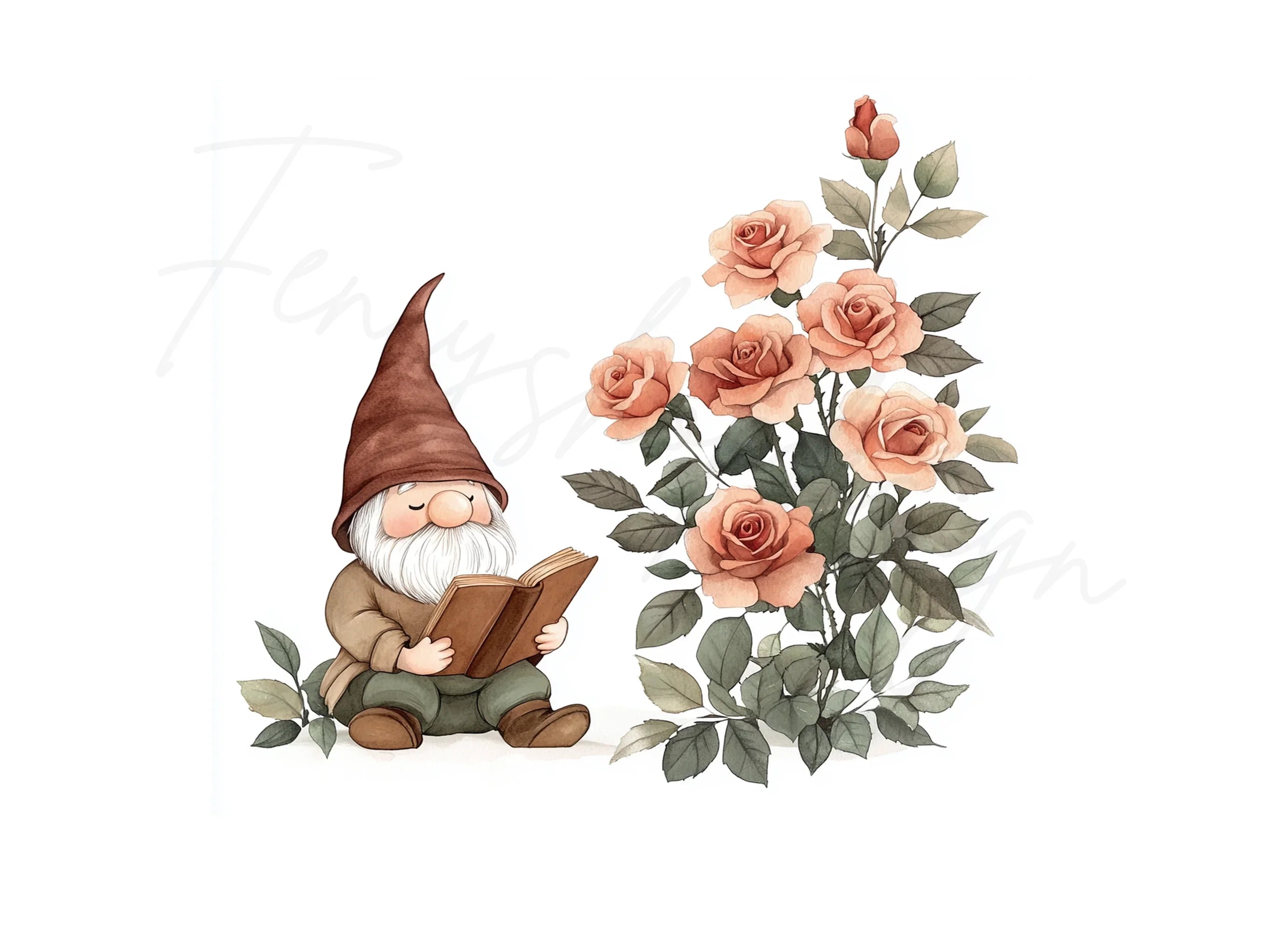 Gnome Reading Book with Rose Clipart Bundle