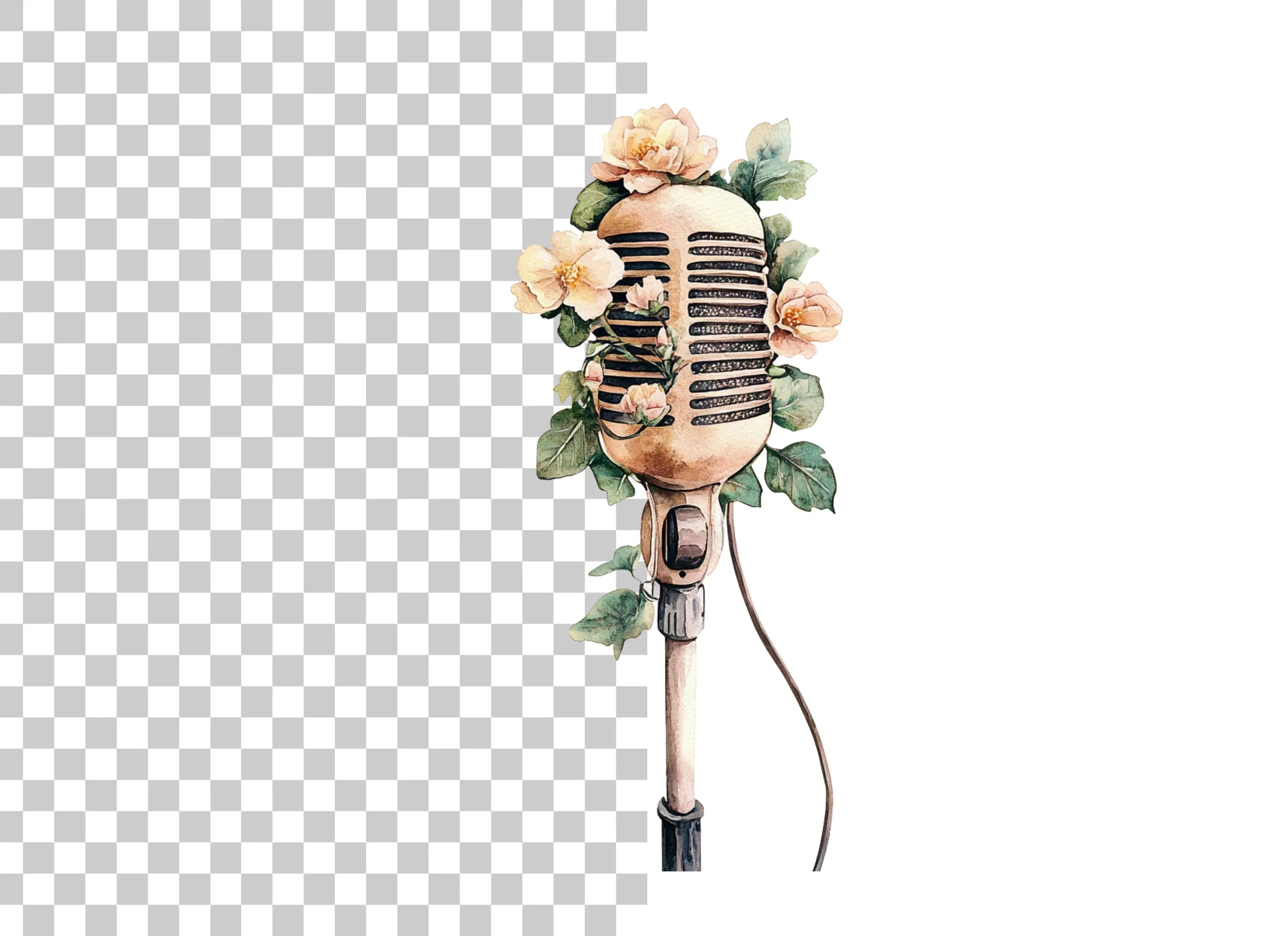 Retro Microphone with Peach Floral Accents Clipart Bundle