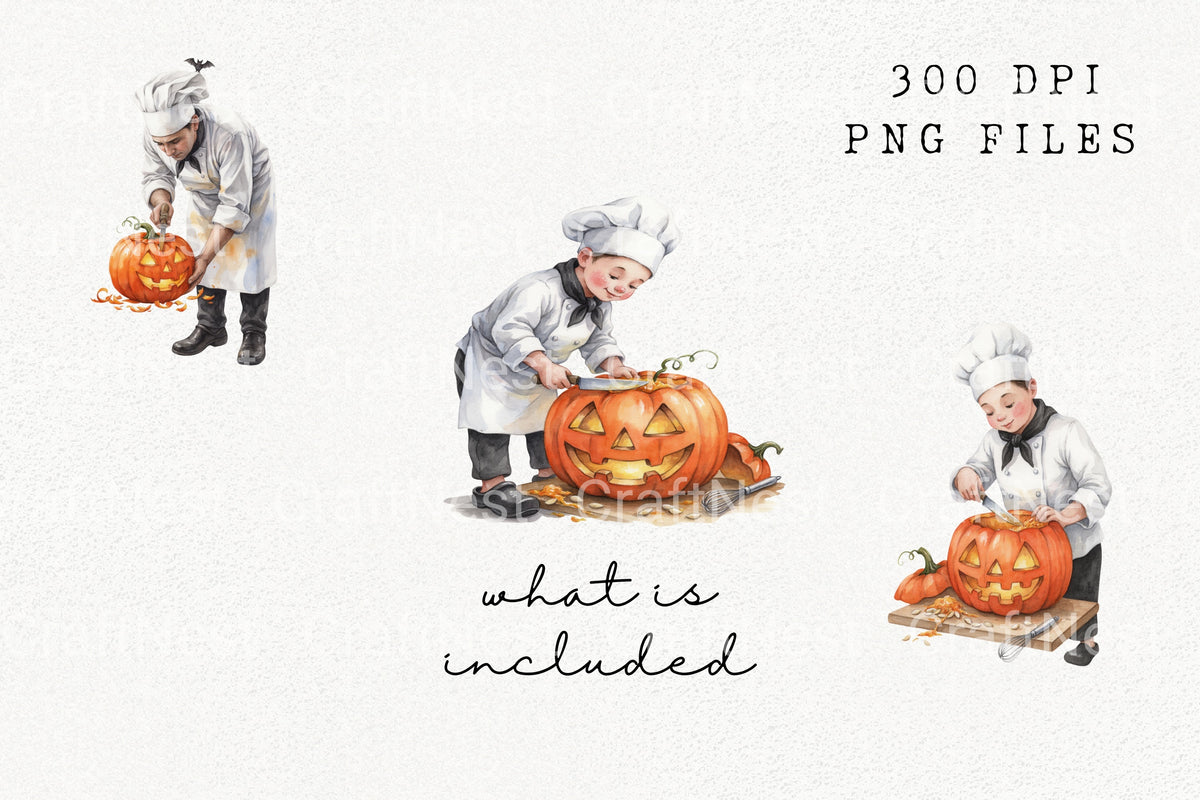 Kid Carving Halloween Pumpkin Clipart Bundle